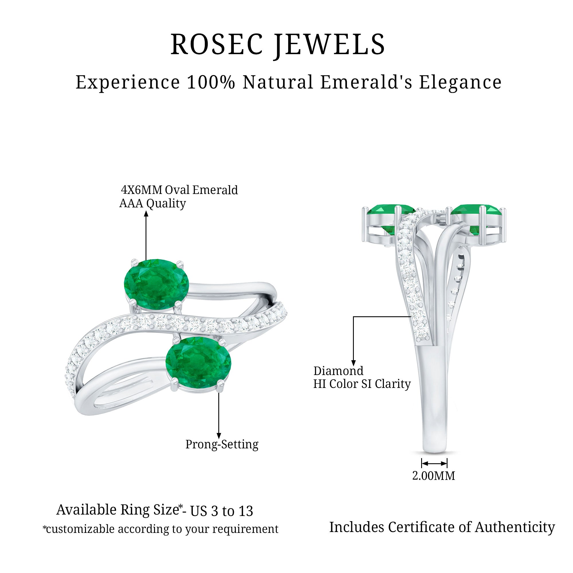 Rosec Jewels-Natural Certified Emerald Two Stone Engagement Ring with Diamonds