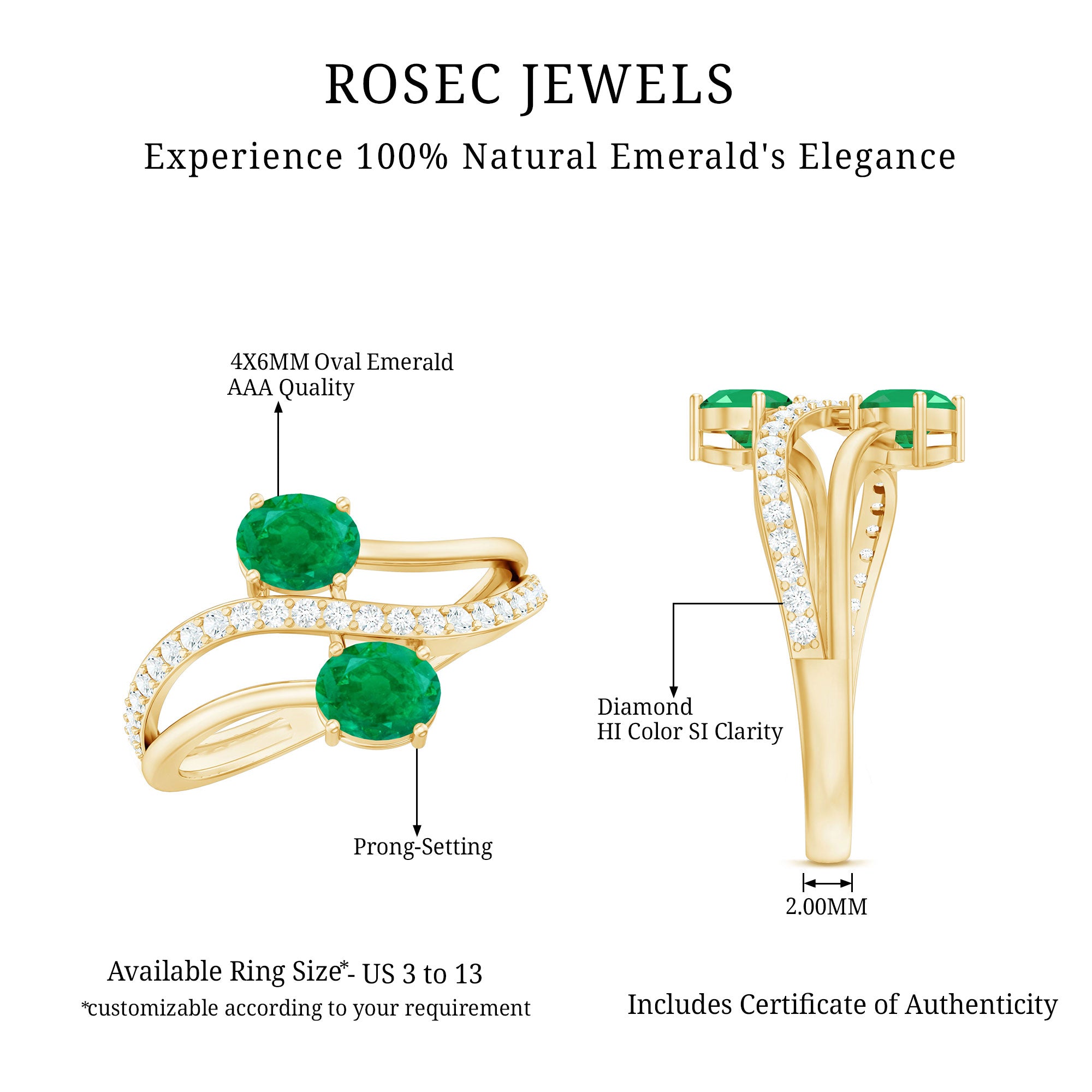 Rosec Jewels-Natural Certified Emerald Two Stone Engagement Ring with Diamonds
