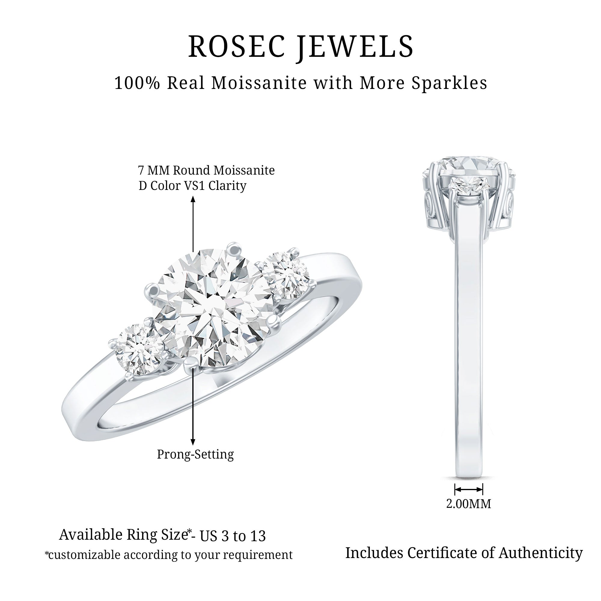 Rosec Jewels-Moissanite Three Stone Round Engagement ring