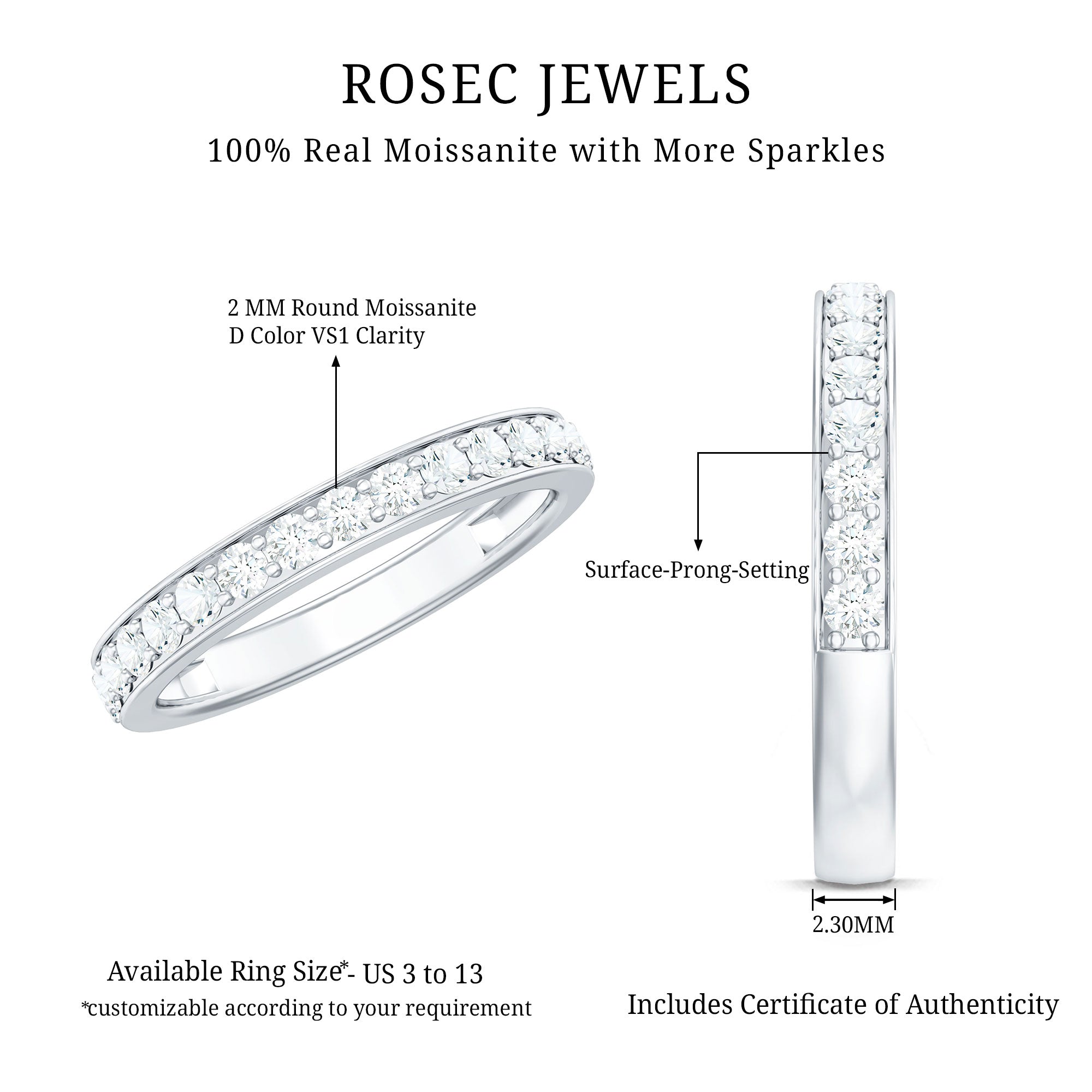 Certified Moissanite Half Eternity Ring D-VS1 - Rosec Jewels