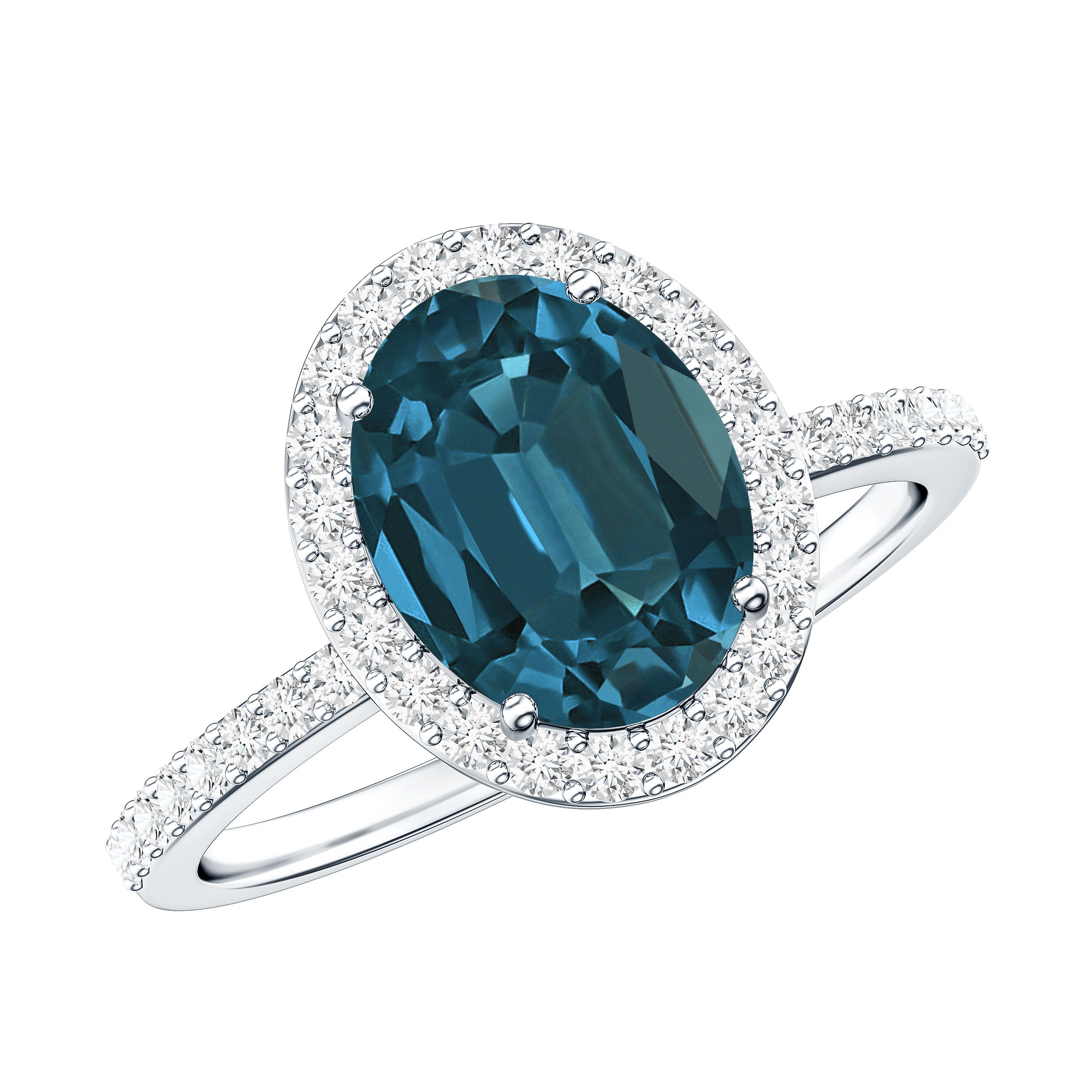 8X10mm Oval Cut London Blue Topaz Oblong Engagement Ring with Diamond Halo AAA - Rosec Jewels