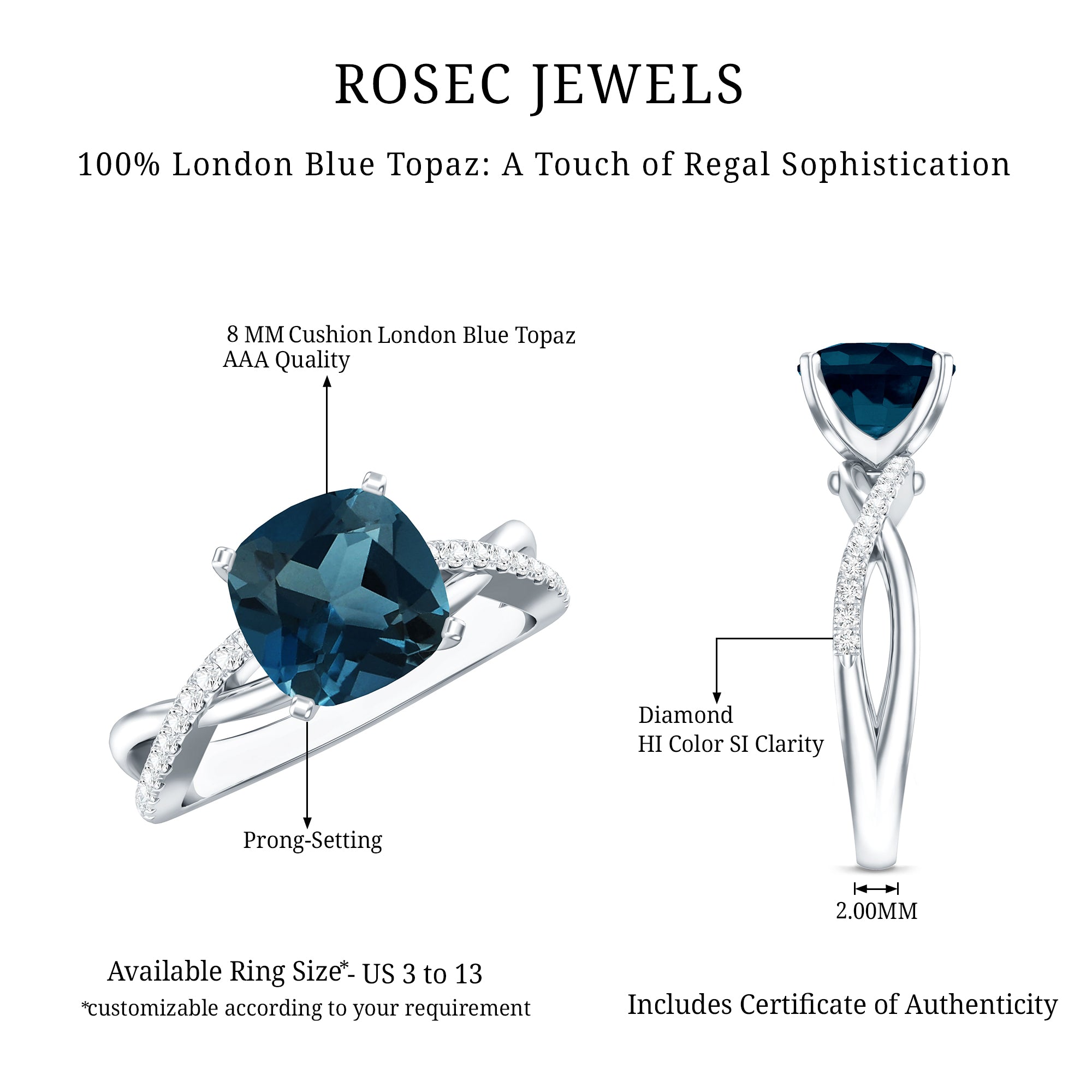 8mm Cushion Cut London Blue Topaz Solitaire Engagement Ring with Diamond Crossover Shank AAA - Rosec Jewels