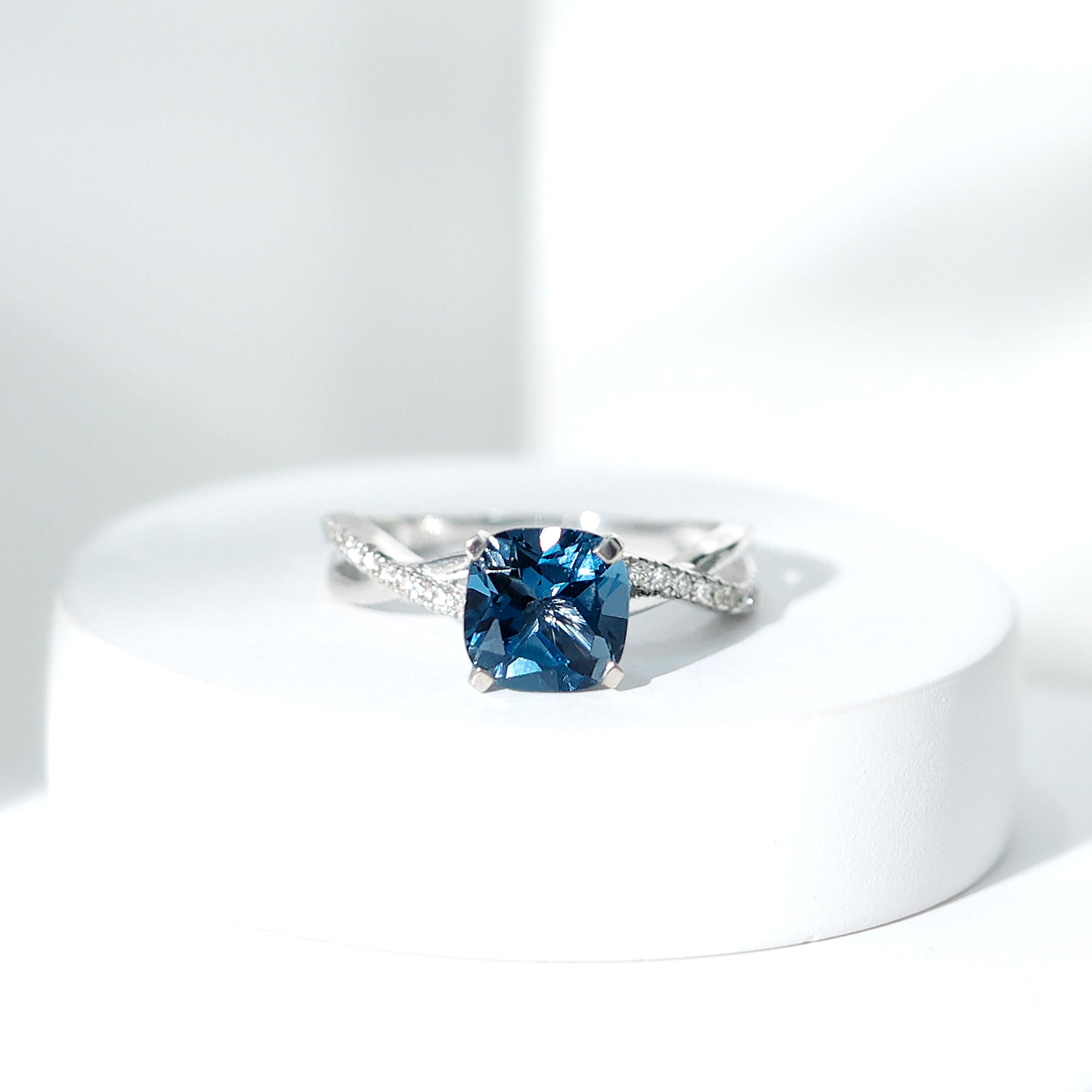 8mm Cushion Cut London Blue Topaz Solitaire Engagement Ring with Diamond Crossover Shank AAA - Rosec Jewels