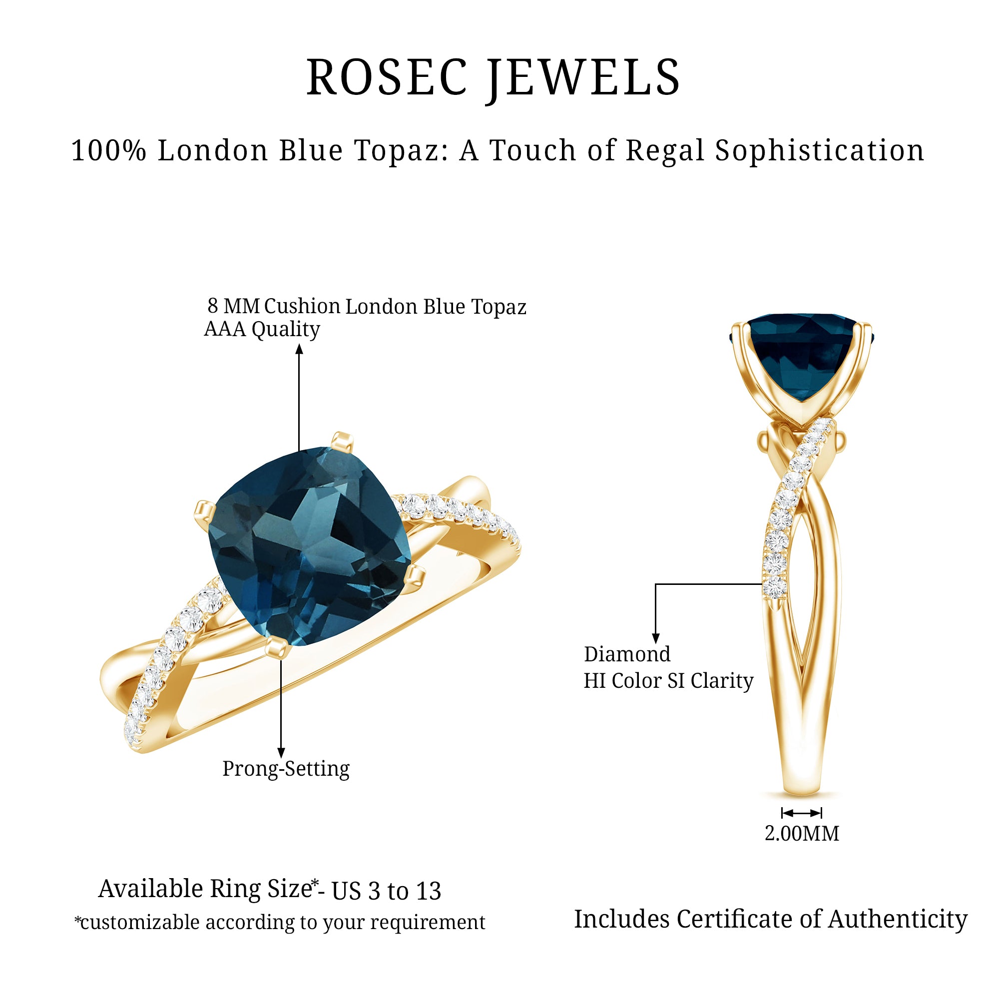 8mm Cushion Cut London Blue Topaz Solitaire Engagement Ring with Diamond Crossover Shank AAA - Rosec Jewels