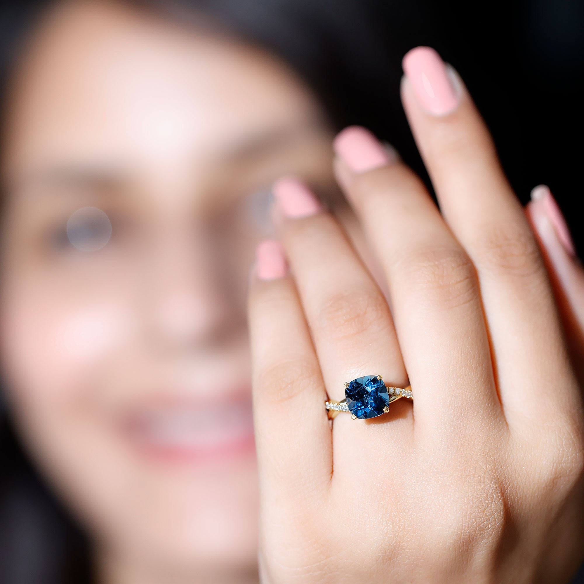 8mm Cushion Cut London Blue Topaz Solitaire Engagement Ring with Diamond Crossover Shank AAA - Rosec Jewels