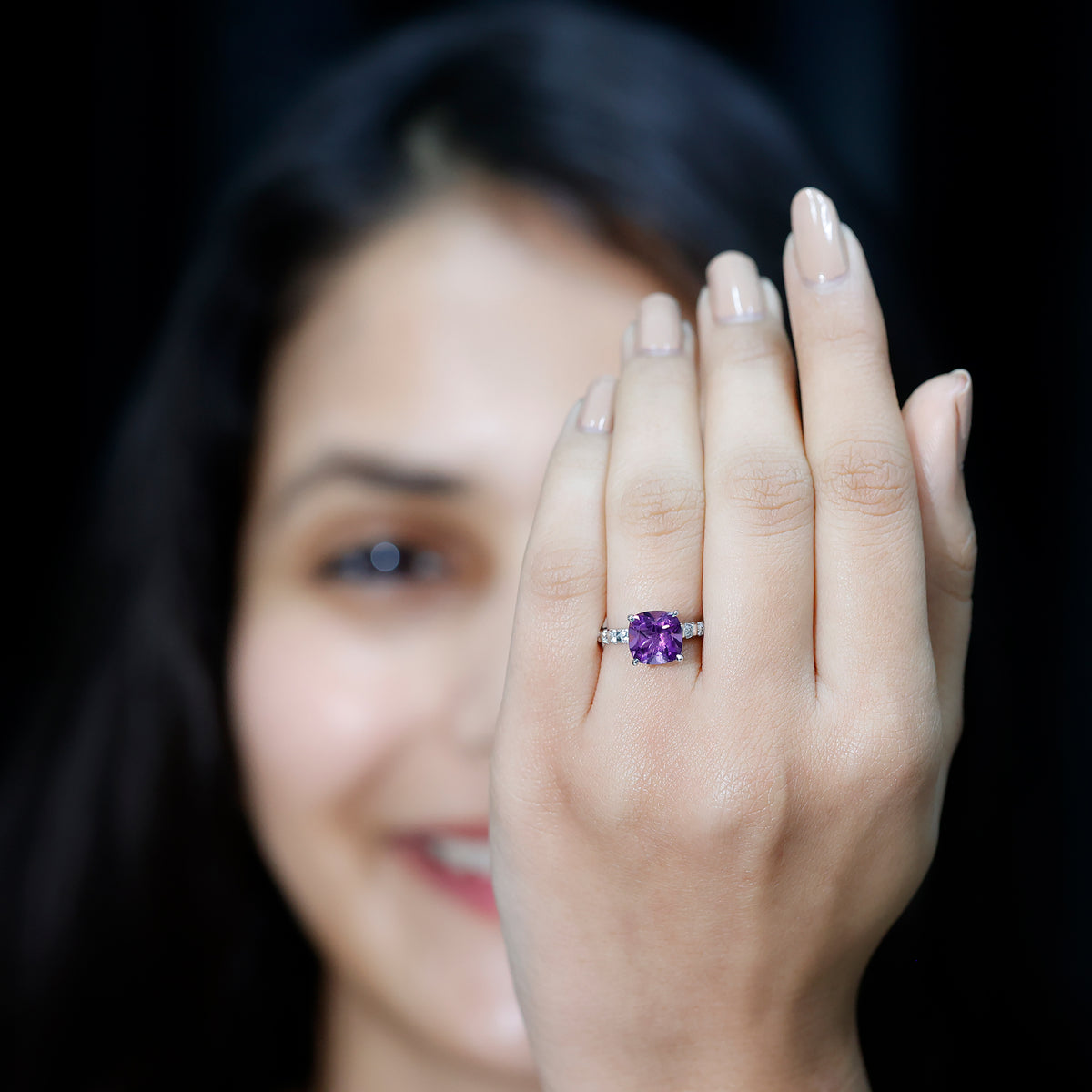 2 Carat Amethyst Cushion Cut Engagement Ring with Diamond AAA - Rosec Jewels