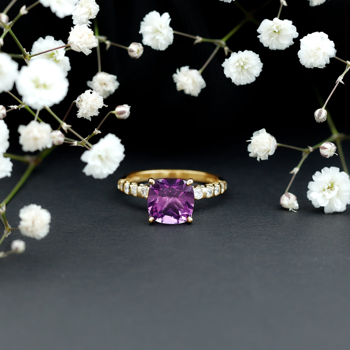 2 Carat Amethyst Cushion Cut Engagement Ring with Diamond AAA - Rosec Jewels