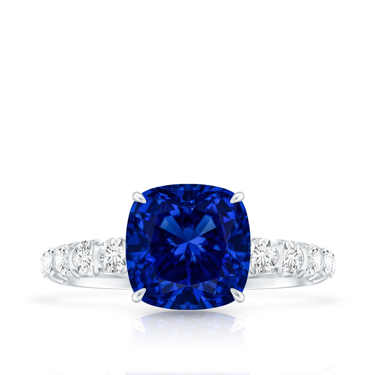 Classic 2.75 Carat Lab Grown Blue Sapphire Cushion Cut Engagement Ring with Diamond AAAA - Rosec Jewels