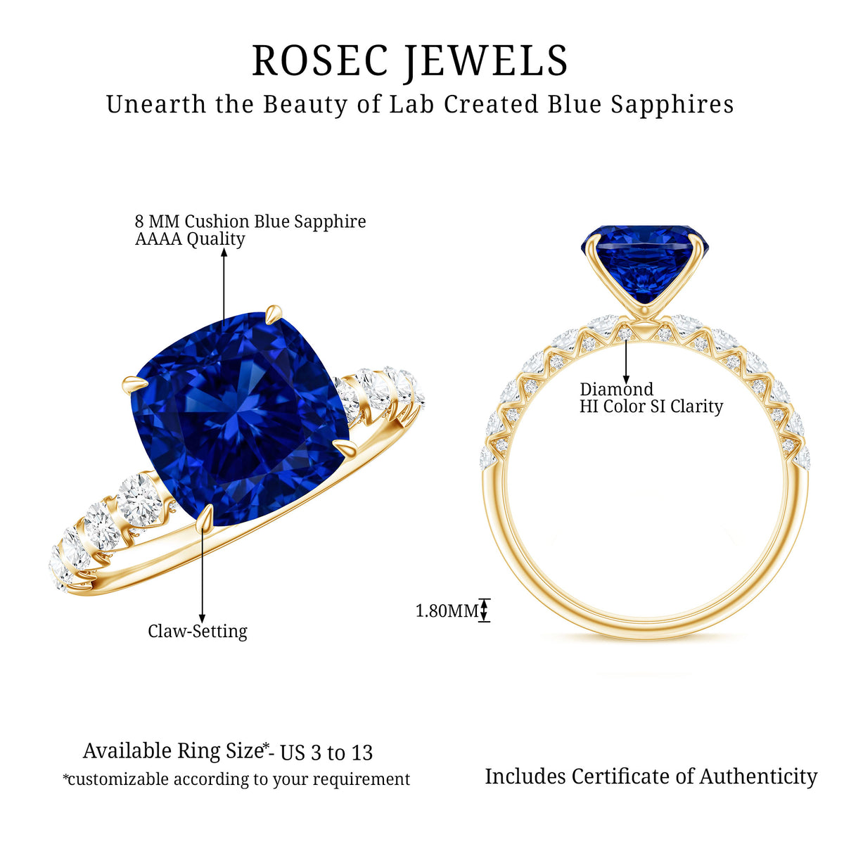 Classic 2.75 Carat Lab Grown Blue Sapphire Cushion Cut Engagement Ring with Diamond AAAA - Rosec Jewels