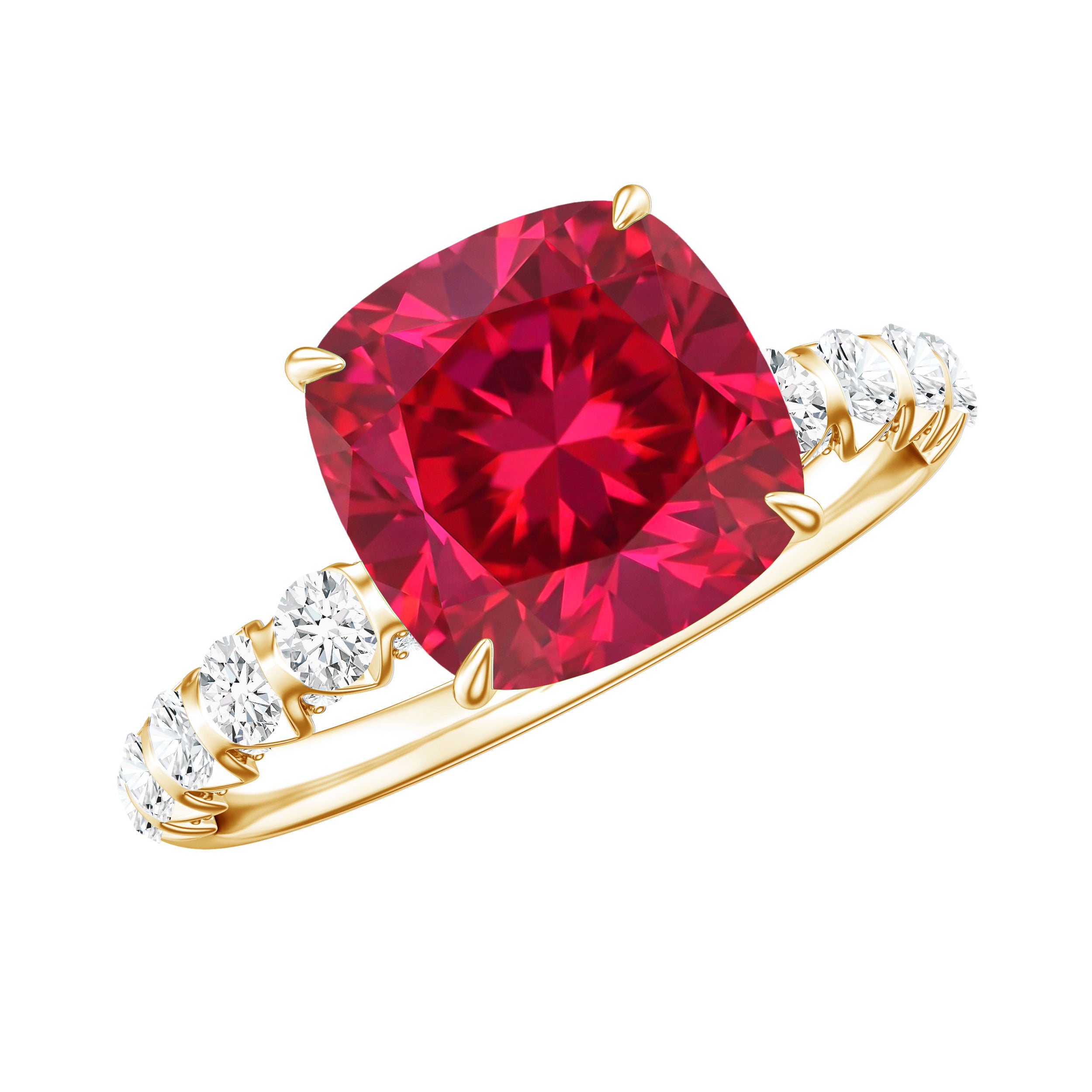 2 Carat Cushion Cut Lab Created Ruby Engagement Ring with Diamond Side Stones AAAA - Rosec Jewels