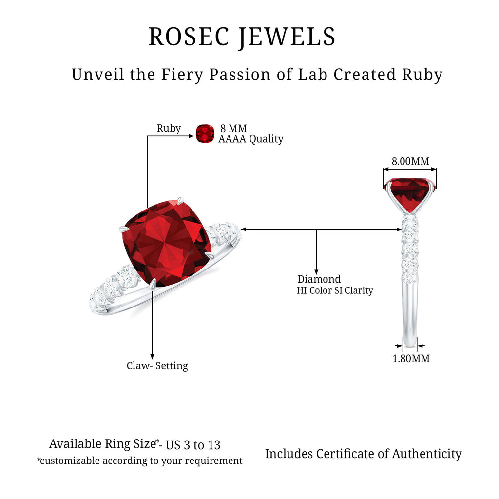 Rosec Jewels-Cushion Cut Lab Grown Ruby Solitaire Ring with Diamond