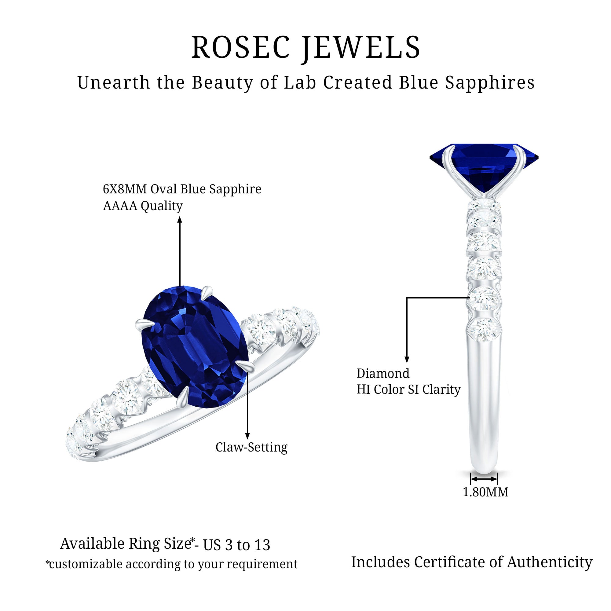 Certified 1.5 Carat Oval Lab Grown Blue Sapphire Engagement Ring with Diamond AAAA - Rosec Jewels