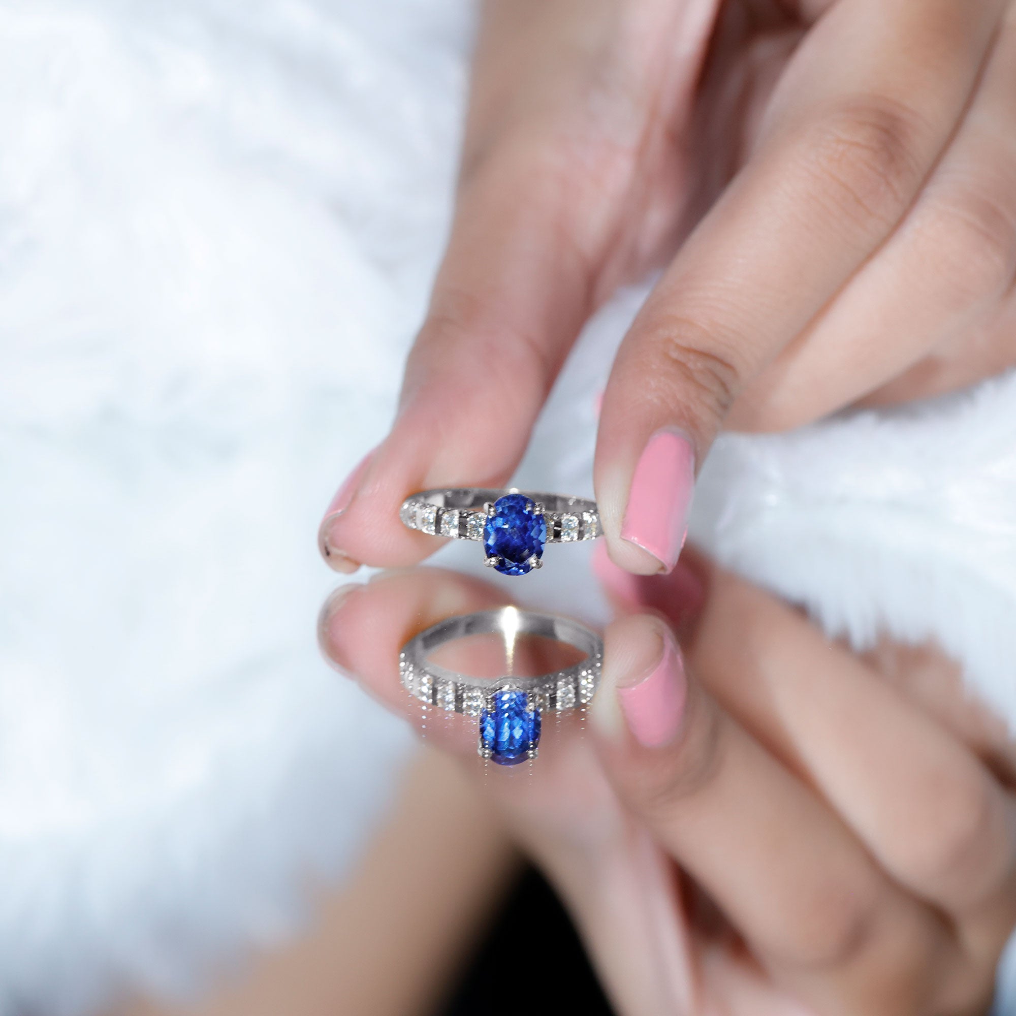 Certified 1.5 Carat Oval Lab Grown Blue Sapphire Engagement Ring with Diamond AAAA - Rosec Jewels