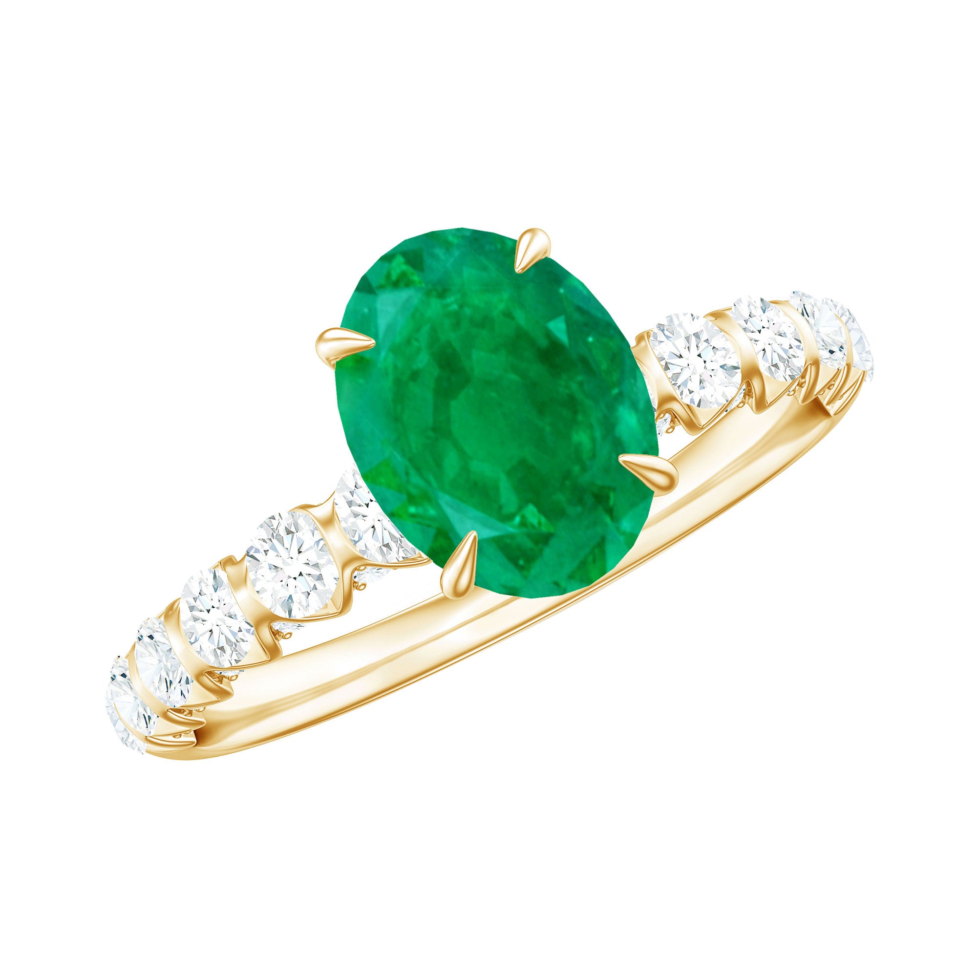 Rosec Jewels-Natural 6X8mm Emerald Oval Engagement Ring with Diamond Side Stones