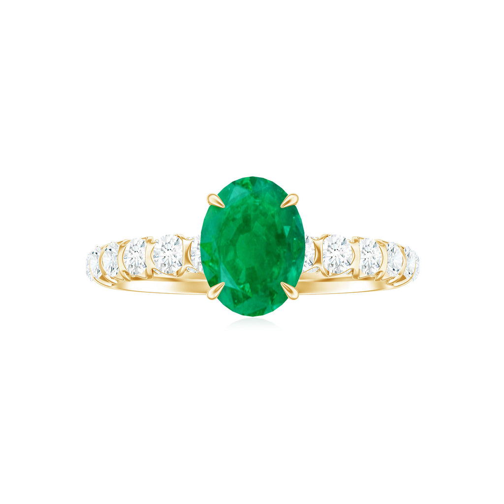 Oval shape Emerald Solitaire Engagement Ring with Diamond Side Stones Emerald - ( AAA ) - Quality - Rosec Jewels