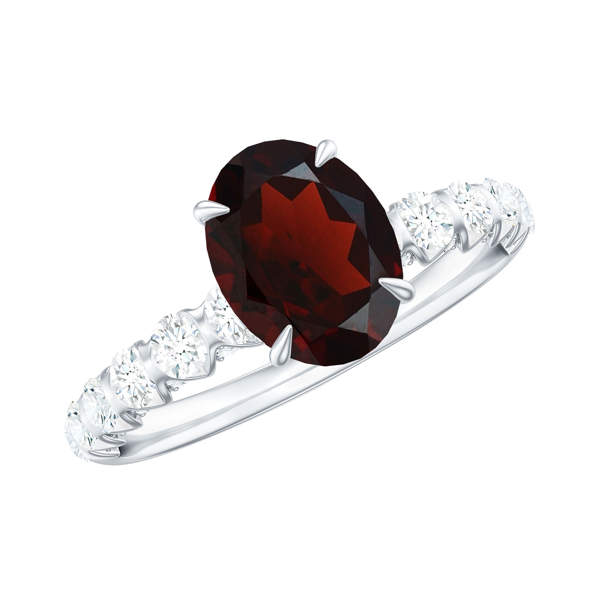 Certified Natural Garnet Oval Engagement Ring with Diamond Side Stones