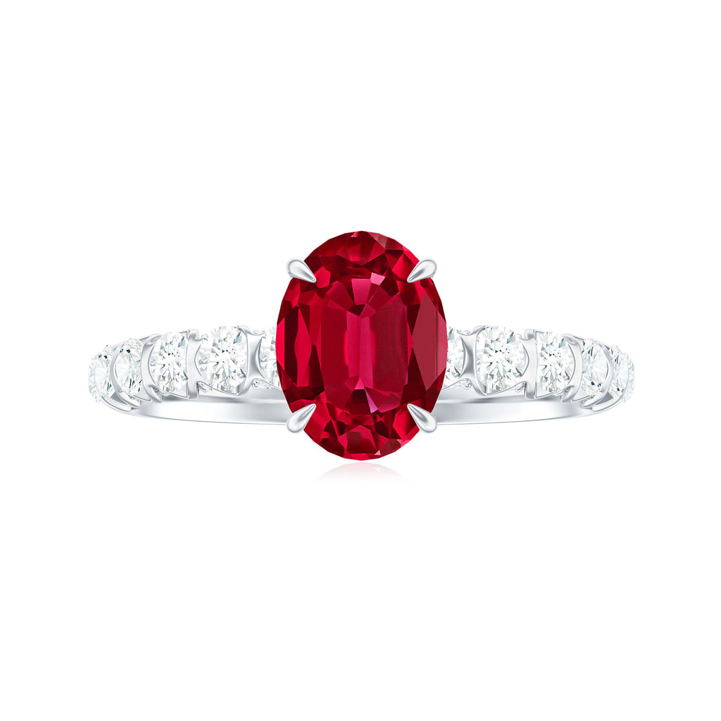 2.25 CT Oval Cut Created Ruby Solitaire Engagement Ring with Diamond Side Stones Lab Created Ruby - ( AAAA ) - Quality - Rosec Jewels