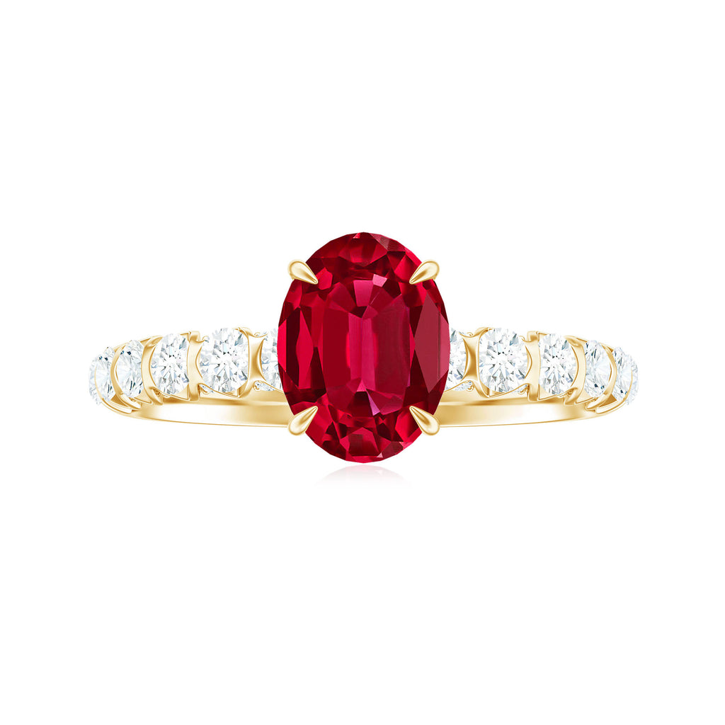 2.25 CT Oval Cut Created Ruby Solitaire Engagement Ring with Diamond Side Stones Lab Created Ruby - ( AAAA ) - Quality - Rosec Jewels