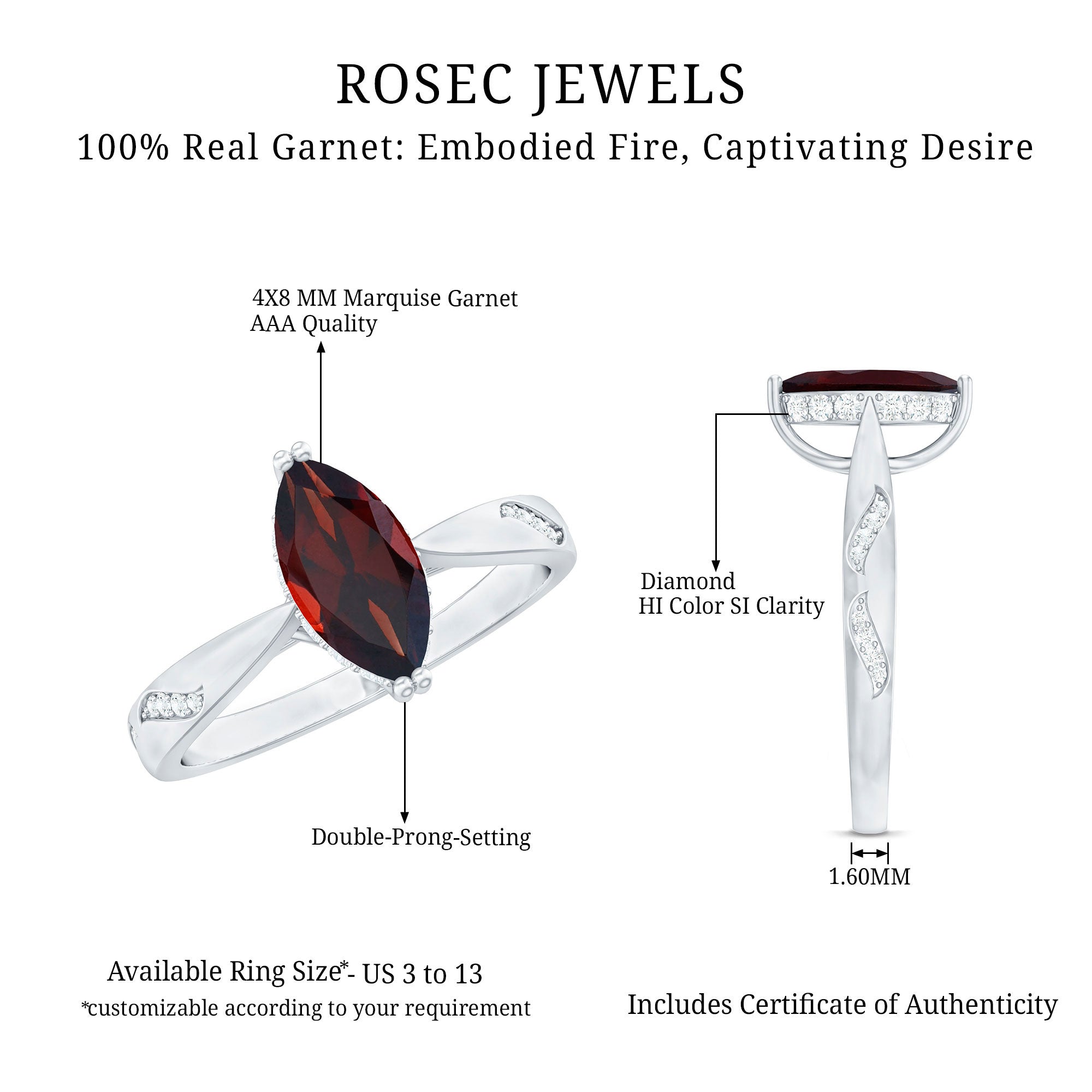 Rosec Jewels-Natural Solitaire Garnet Marquise Engagement Ring with Diamond