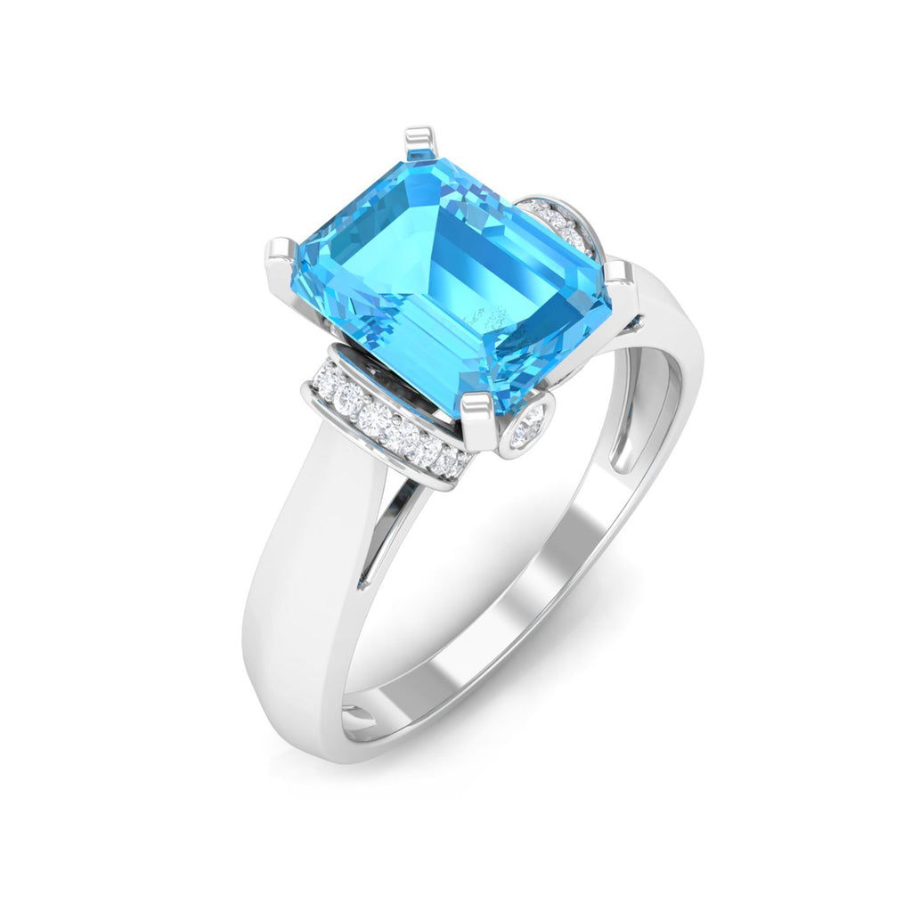 Rosec Jewels - 6X8 MM Emerald Cut Swiss Blue Topaz Solitaire with Diamond Ring