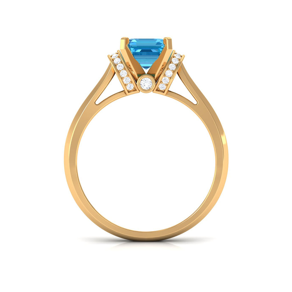 6X8 MM Emerald Cut Swiss Blue Topaz Solitaire with Diamond Ring Swiss Blue Topaz - ( AAA ) - Quality - Rosec Jewels