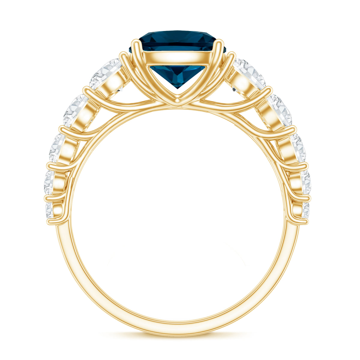 2.8 Carat Cushion Cut London Blue Topaz Solitaire Engagement Ring with Moissanite Side Stones AAA - Rosec Jewels