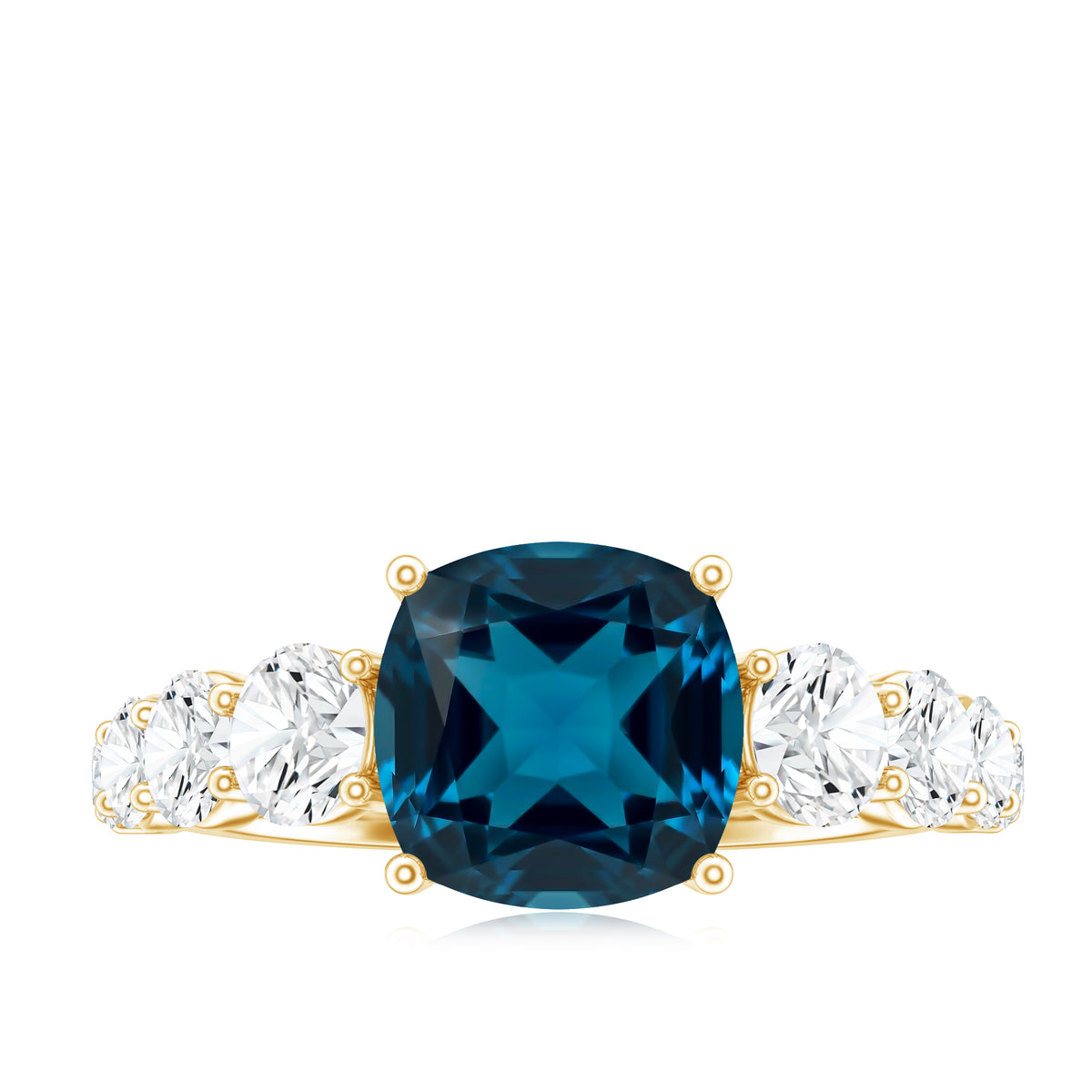 2.8 Carat Cushion Cut London Blue Topaz Solitaire Engagement Ring with Moissanite Side Stones AAA - Rosec Jewels