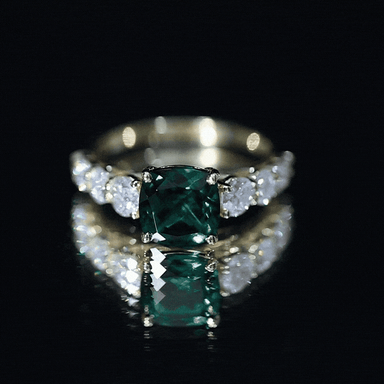 Lab Grown Emerald 2 Carat Cushion Engagement Ring with Moissanite Side Stones AAAA - Rosec Jewels