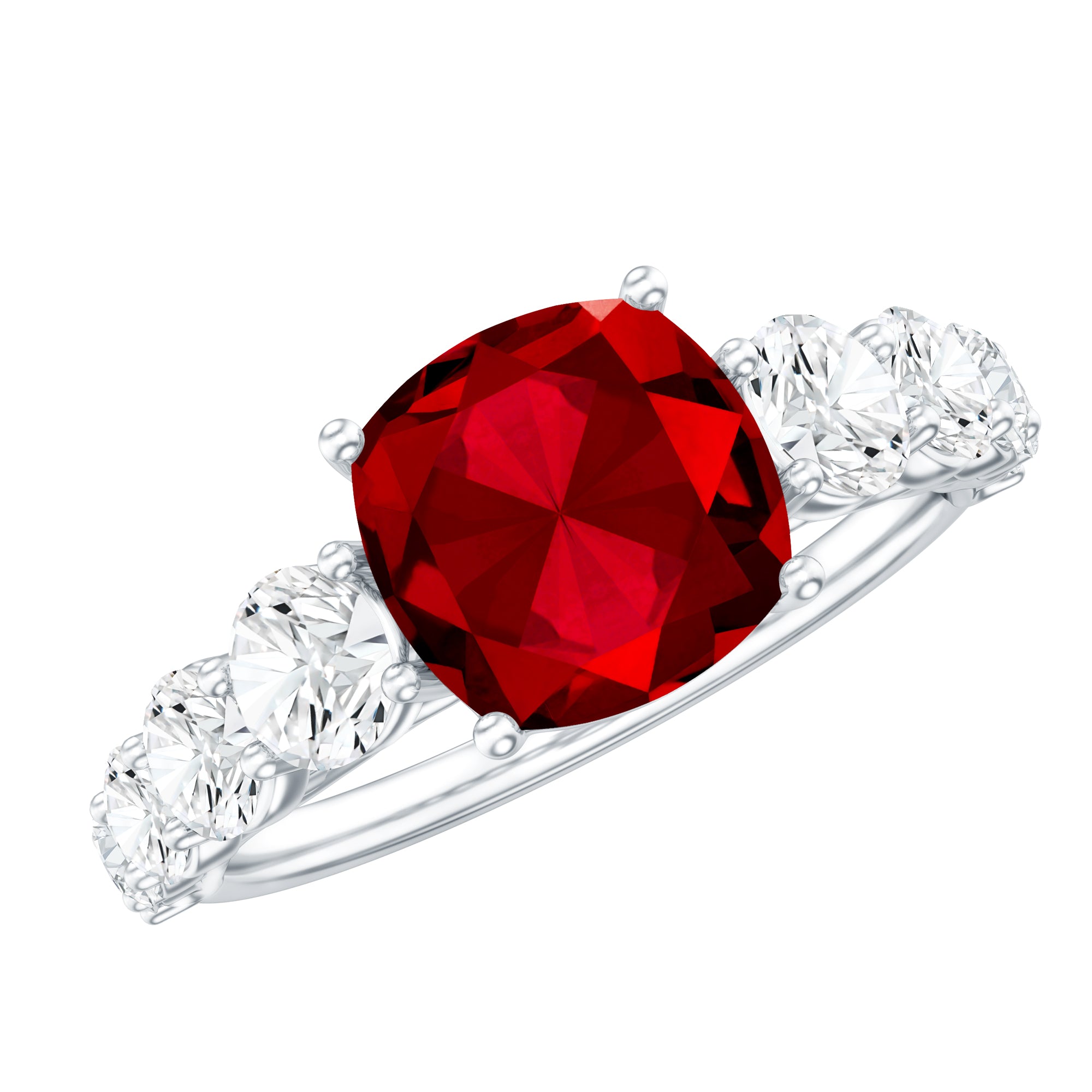 2 Carat Cushion Cut Lab Created Ruby Engagement Ring with Side Stones AAAA - Rosec Jewels