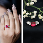 2 Carat Cushion Cut Lab Created Ruby Engagement Ring with Side Stones AAAA - Rosec Jewels