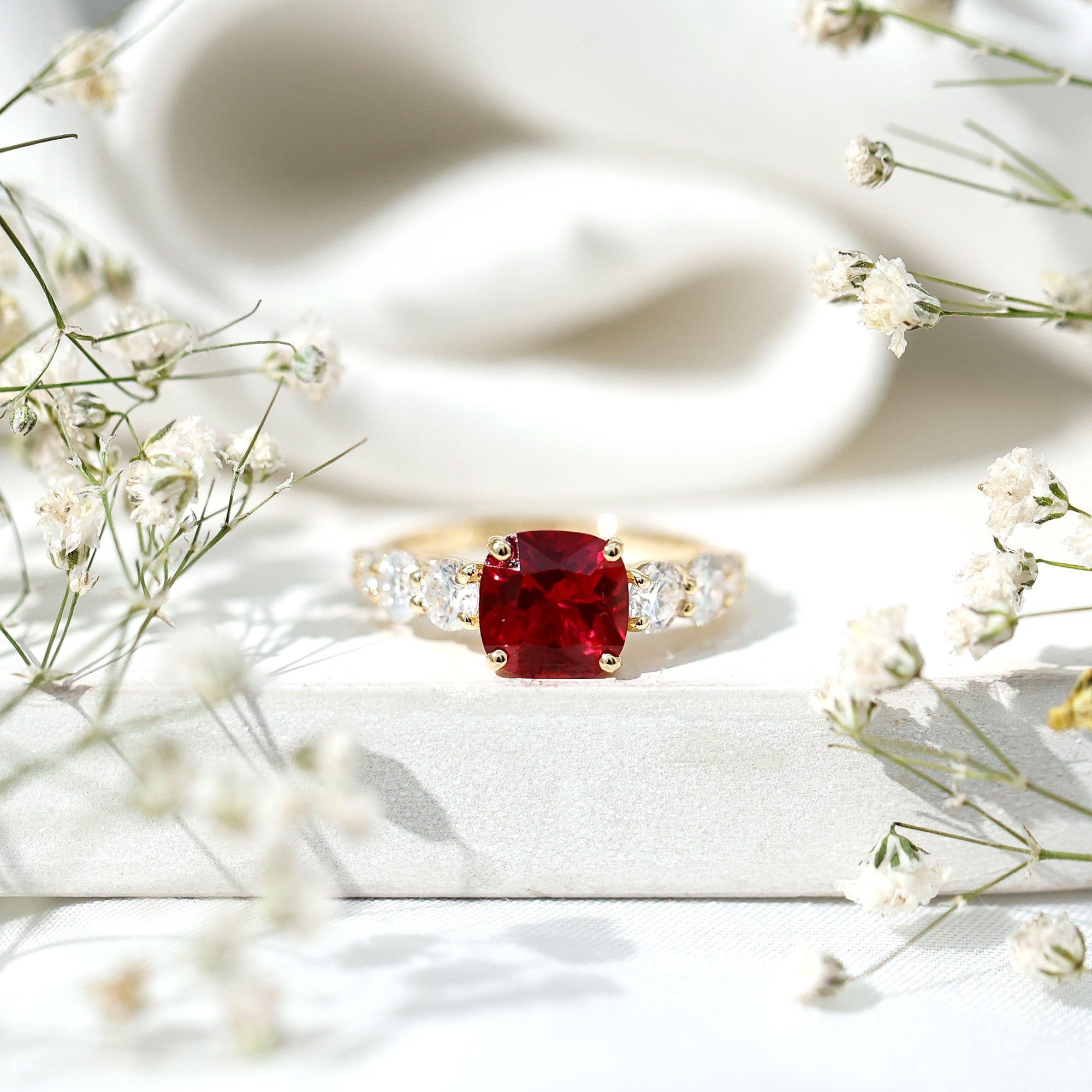 2 Carat Cushion Cut Lab Created Ruby Engagement Ring with Side Stones AAAA - Rosec Jewels