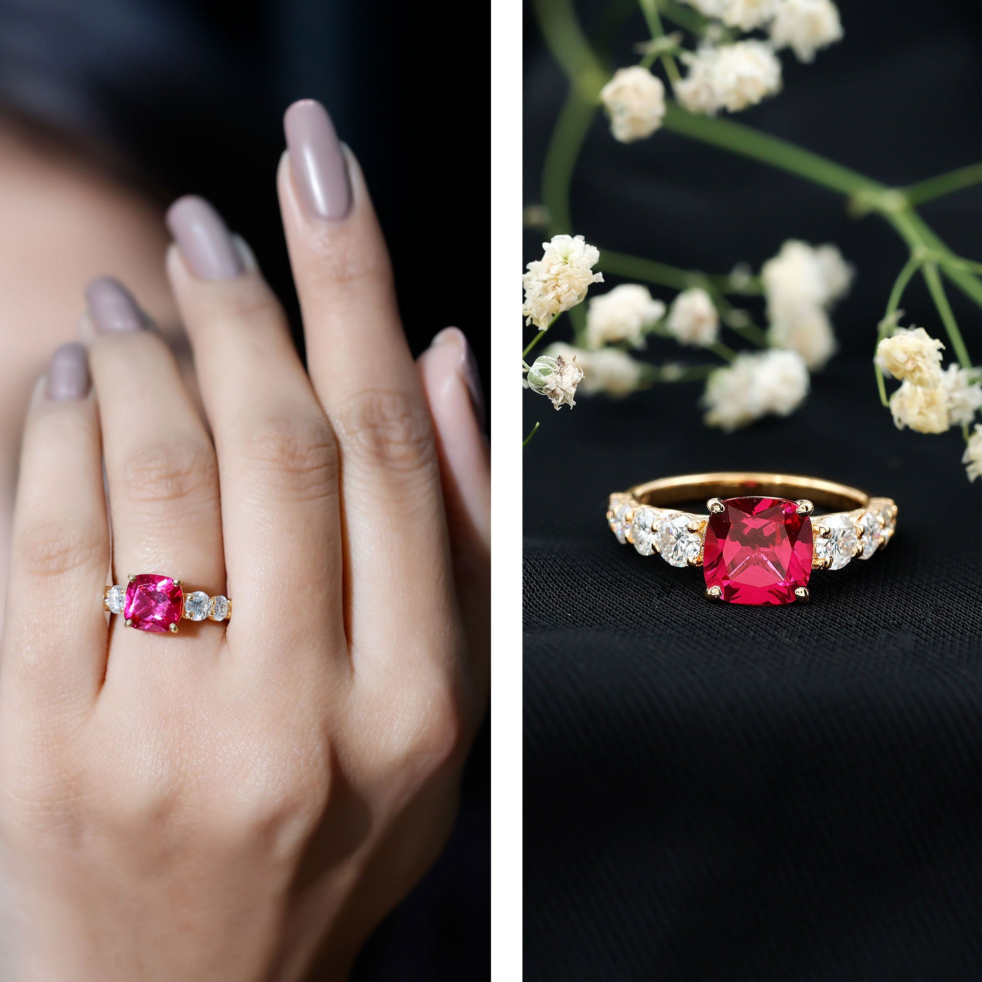 2 Carat Cushion Cut Lab Created Ruby Engagement Ring with Side Stones AAAA - Rosec Jewels