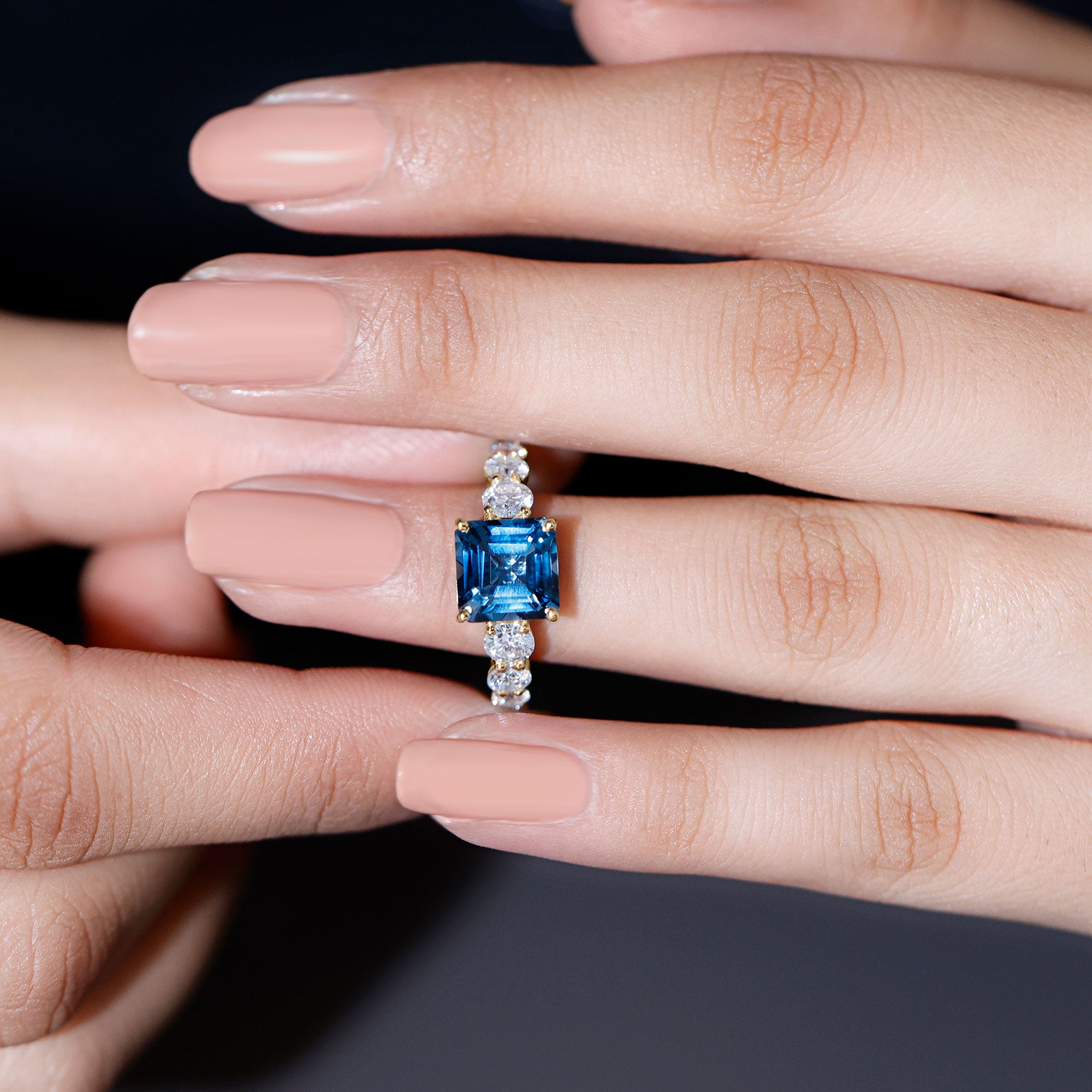 8mm Asscher Cut London Blue Topaz Solitaire Engagement Ring with Moissanite AAA - Rosec Jewels
