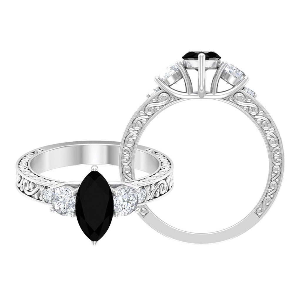 Vintage Inspired Lab Grown Black Diamond Solitaire Ring with Moissanite Lab Created Black Diamond - ( AAAA ) - Quality 92.5 Sterling Silver 13.0 - Rosec Jewels