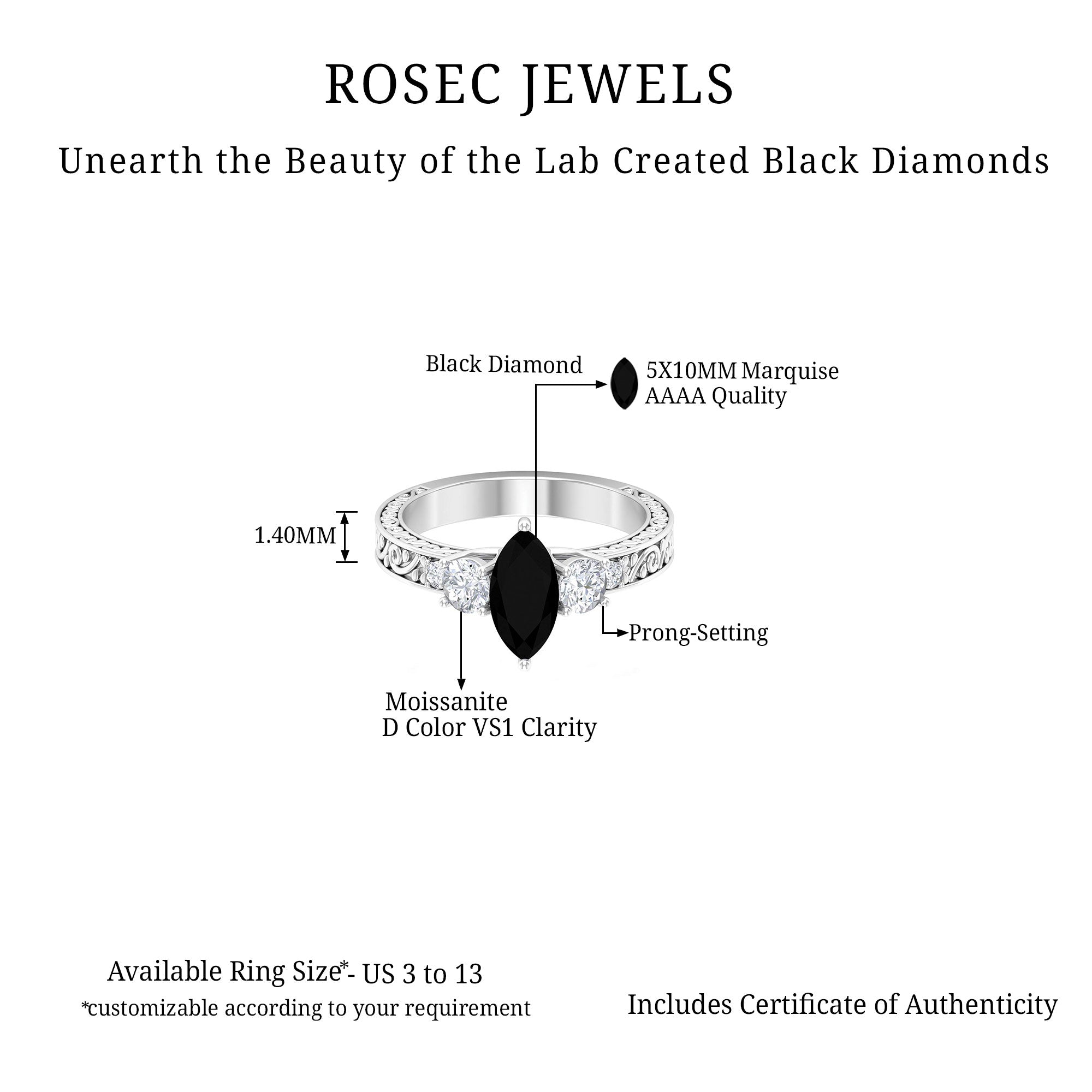 Vintage Inspired Lab Grown Black Diamond Solitaire Ring with Moissanite Lab Created Black Diamond - ( AAAA ) - Quality - Rosec Jewels