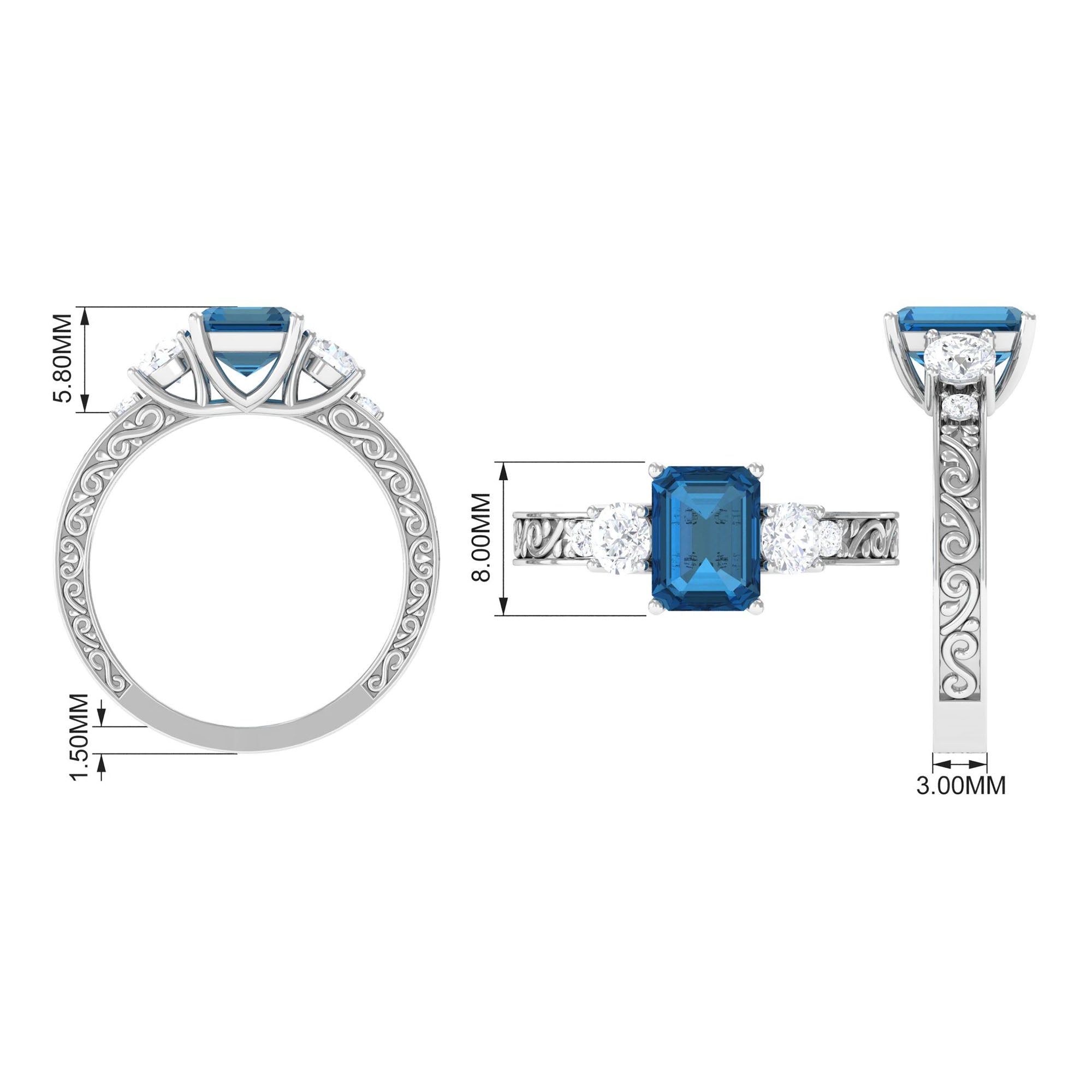 6X8mm Emerald Cut London Blue Topaz Statement Ring with Engraved Shank AAA - Rosec Jewels