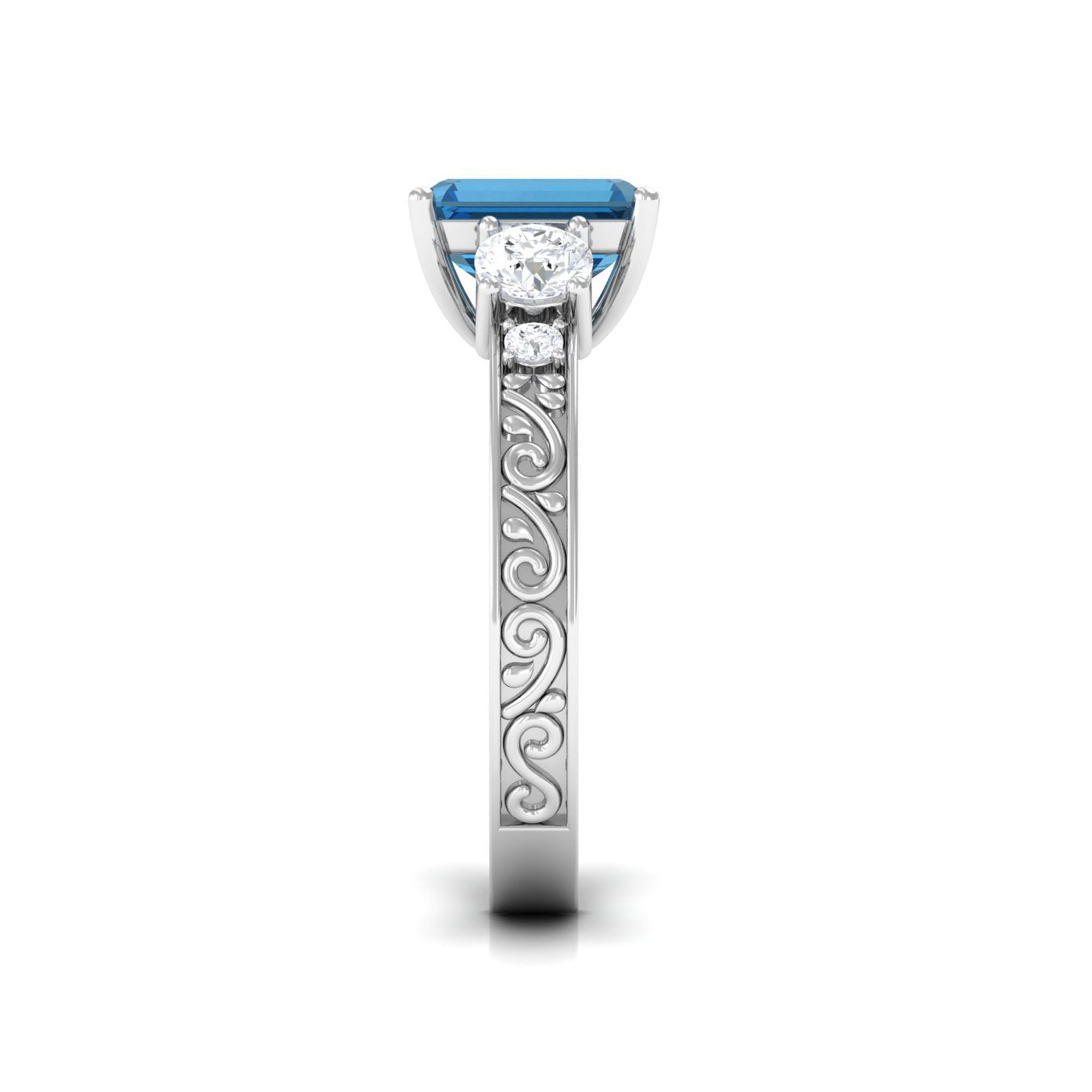 6X8mm Emerald Cut London Blue Topaz Statement Ring with Engraved Shank AAA - Rosec Jewels