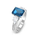 6X8mm Emerald Cut London Blue Topaz Statement Ring with Engraved Shank AAA - Rosec Jewels