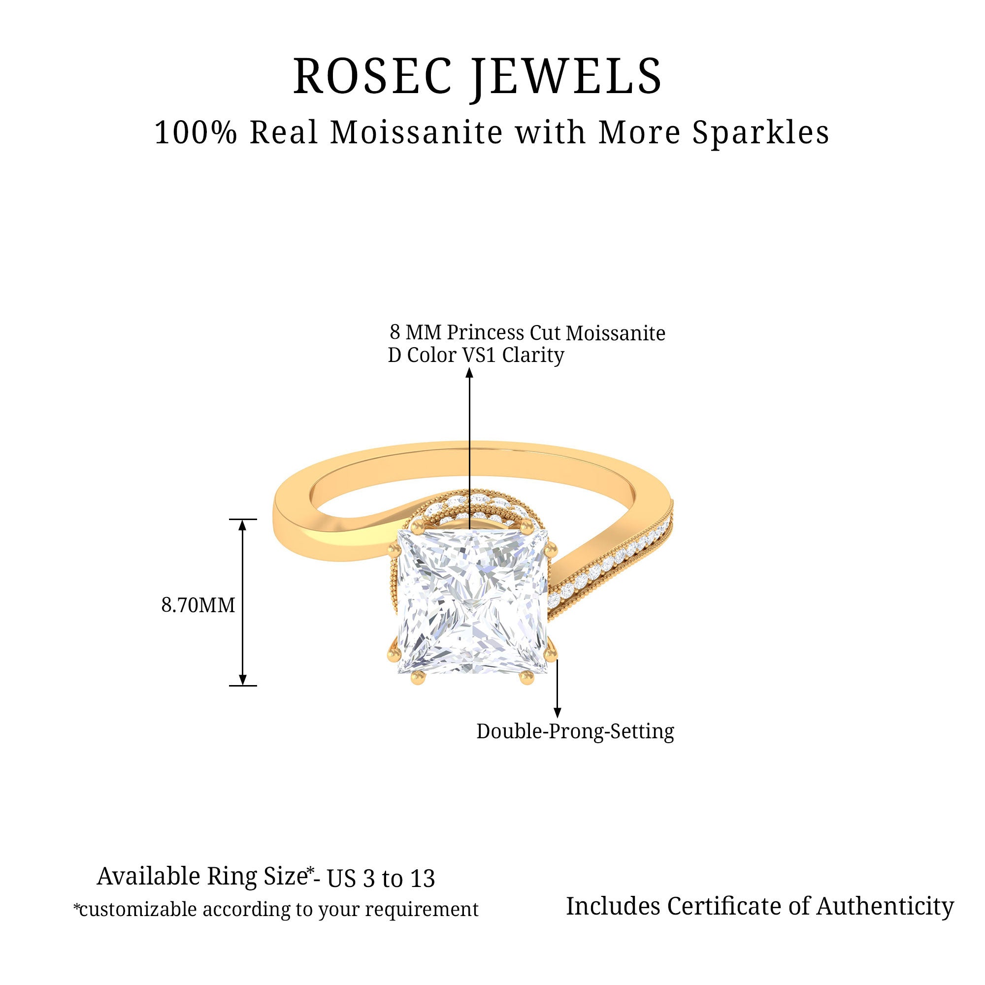 3.75 CT Bypass Engagement Ring with Moissanite and Milgrain Detailing Moissanite - ( D-VS1 ) - Color and Clarity - Rosec Jewels