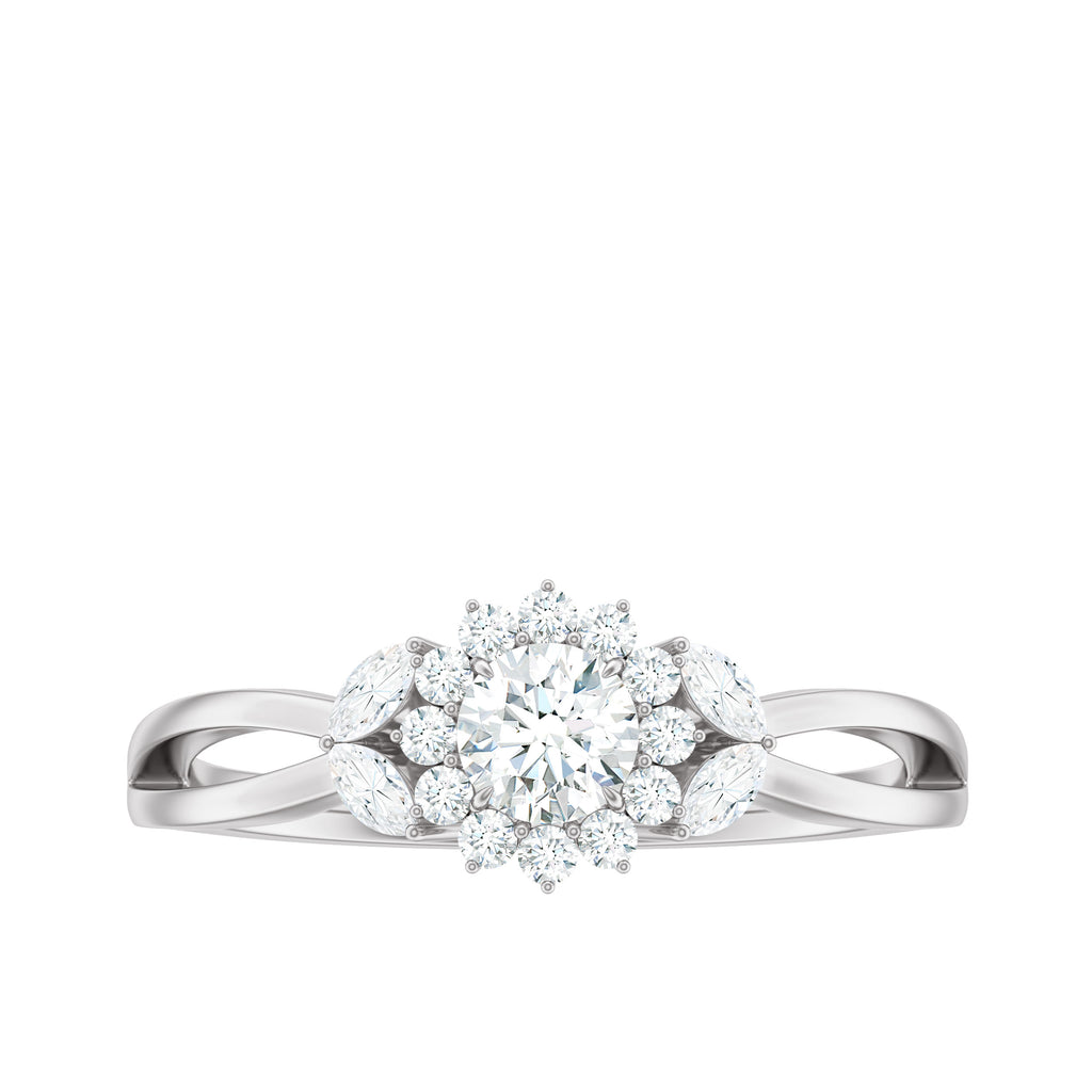 Diamond Flower Engagement Ring with Split Shank Diamond - ( HI-SI ) - Color and Clarity - Rosec Jewels