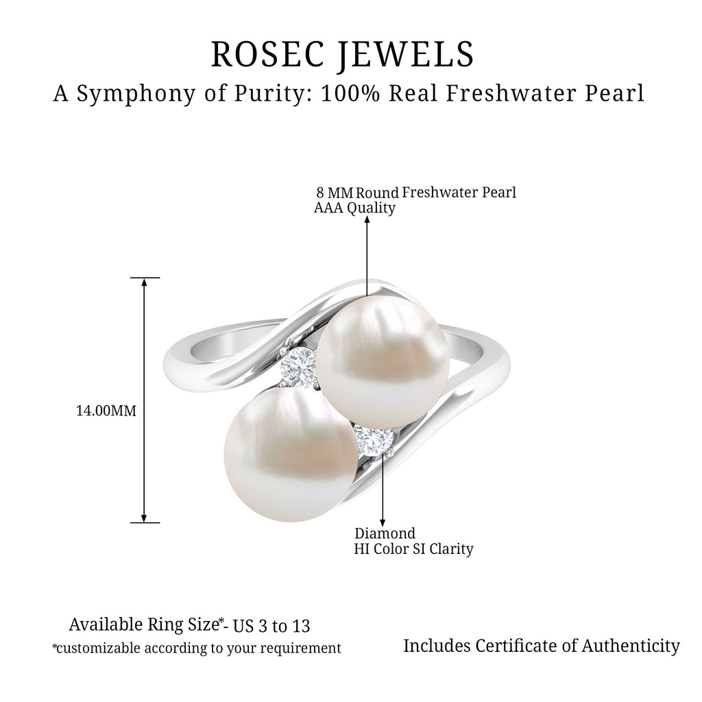 Freshwater Pearl Toi Et Moi Bypass Ring with Diamond Freshwater Pearl - ( AAA ) - Quality - Rosec Jewels