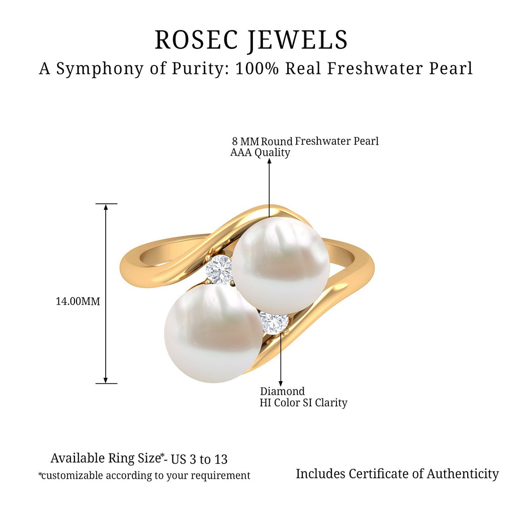 Freshwater Pearl Toi Et Moi Bypass Ring with Diamond Freshwater Pearl - ( AAA ) - Quality - Rosec Jewels