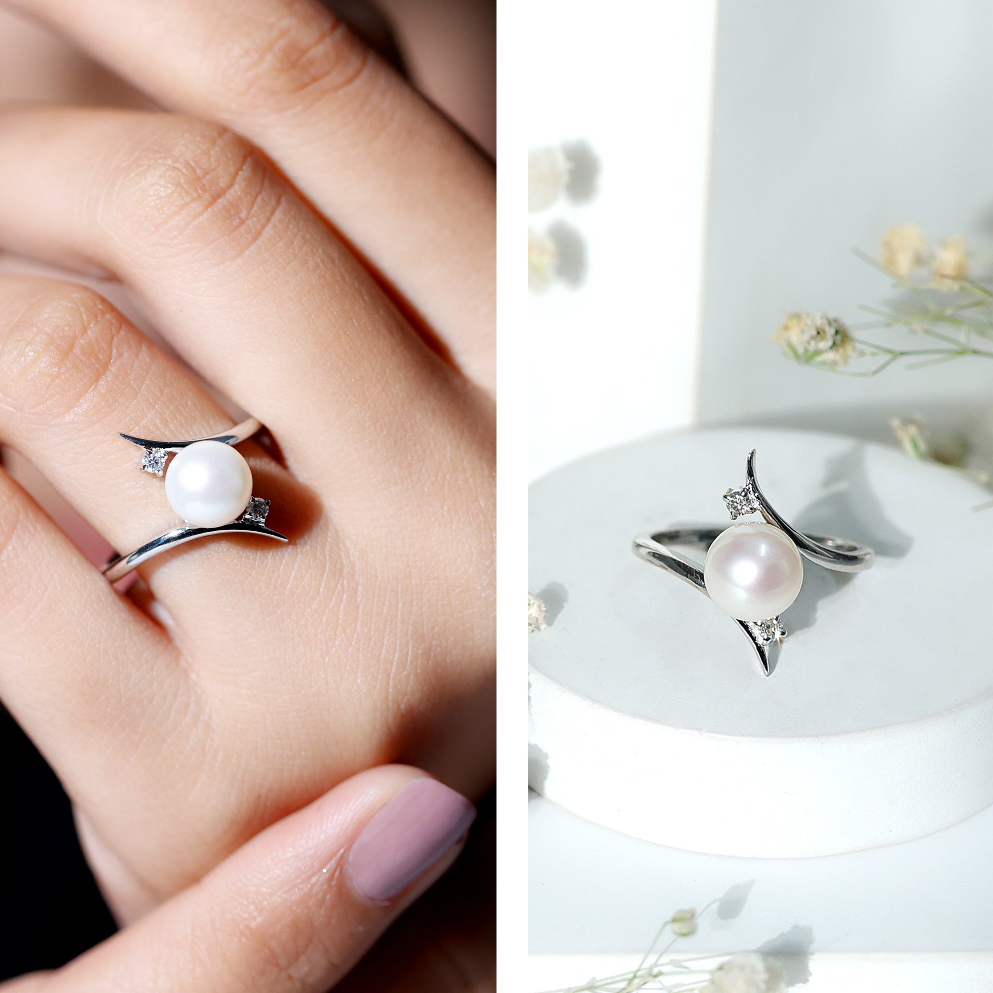 Rosec Jewels-Cultured 7.4 Carat Freshwater Pearl Engagement Ring with Diamond Bypass Shank