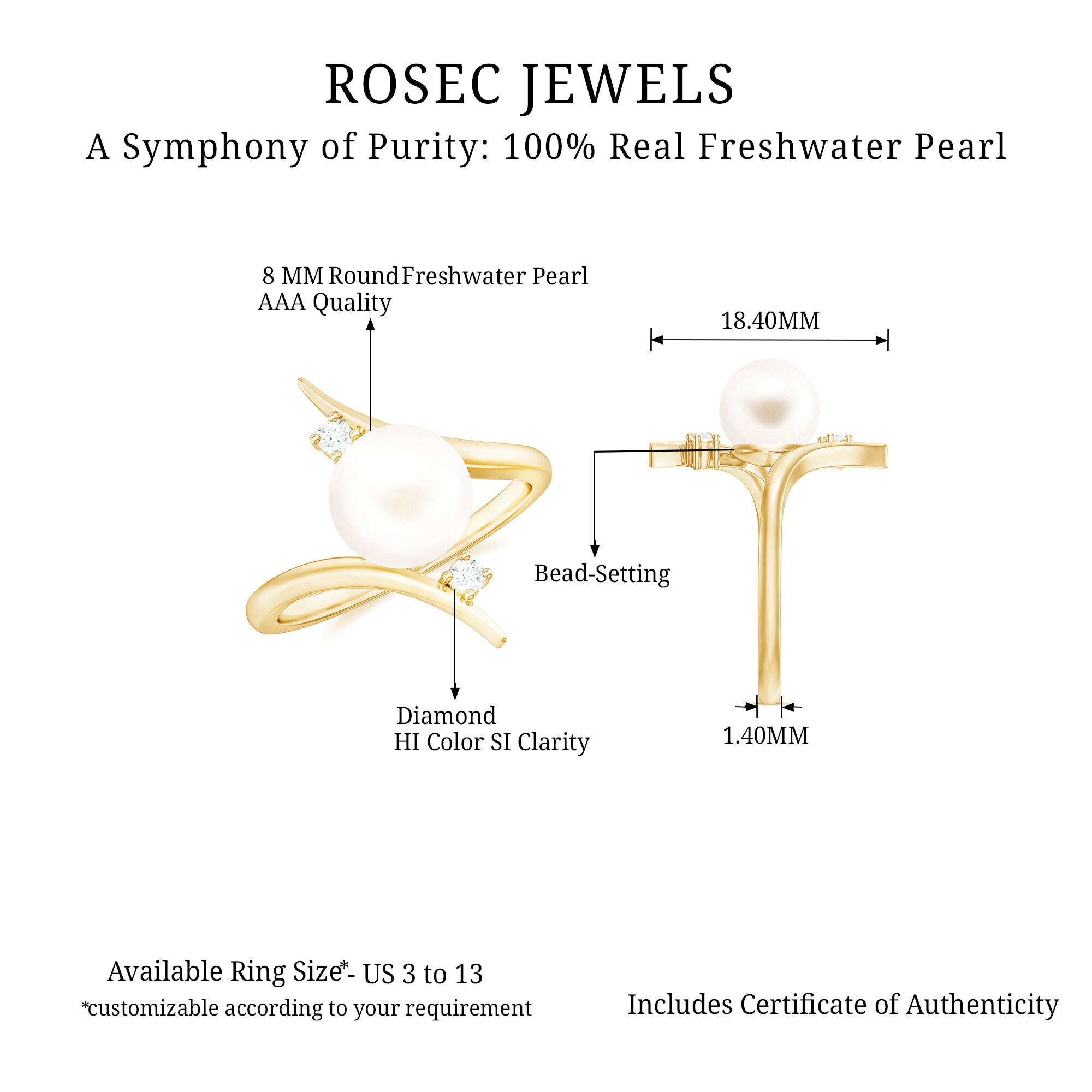 Rosec Jewels-Cultured 7.4 Carat Freshwater Pearl Engagement Ring with Diamond Bypass Shank