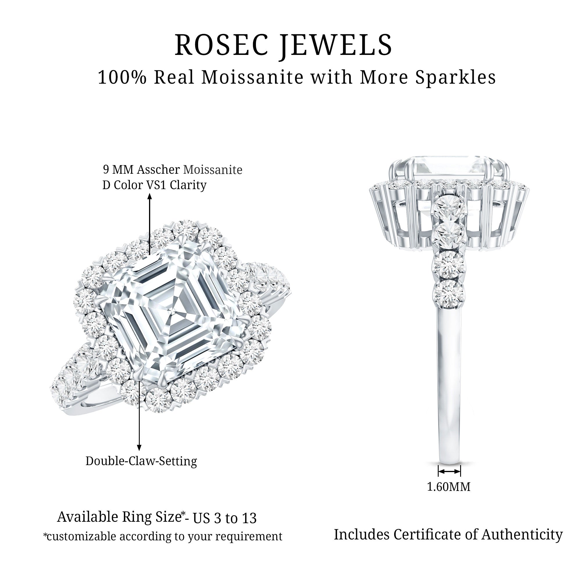 Certified 9 MM Asscher Cut Moissanite Halo Engagement Ring D-VS1 - Rosec Jewels