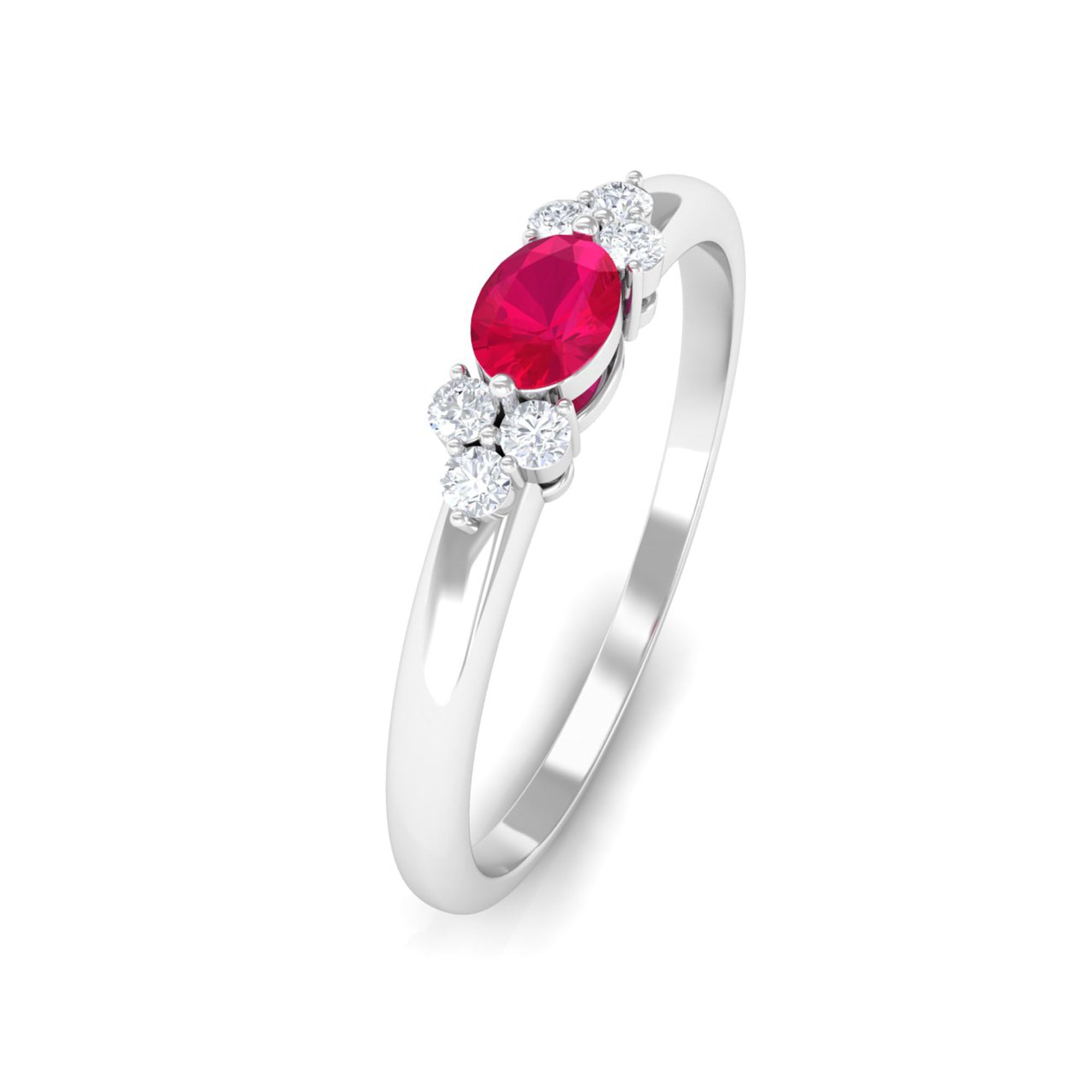 Oval Cut Ruby and Trio Diamond Promise Ring Ruby - ( AAA ) - Quality - Rosec Jewels