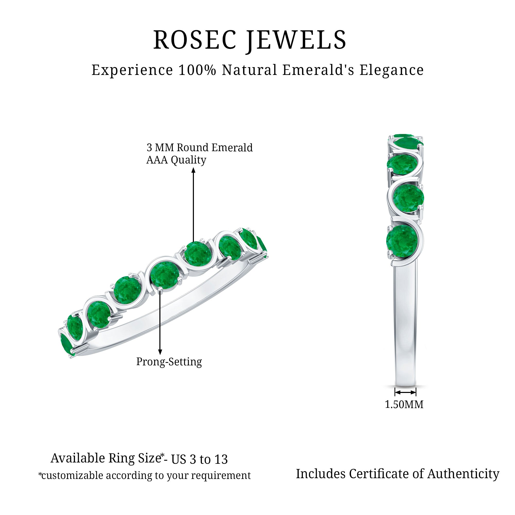 Rosec Jewels-Natural Green Emerald Half Eternity Stackable Ring