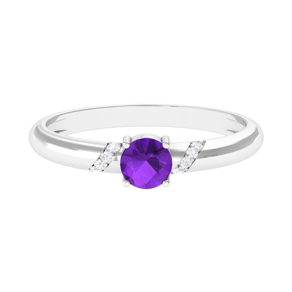 Round Amethyst Solitaire Promise Ring with Diamond Amethyst - ( AAA ) - Quality - Rosec Jewels