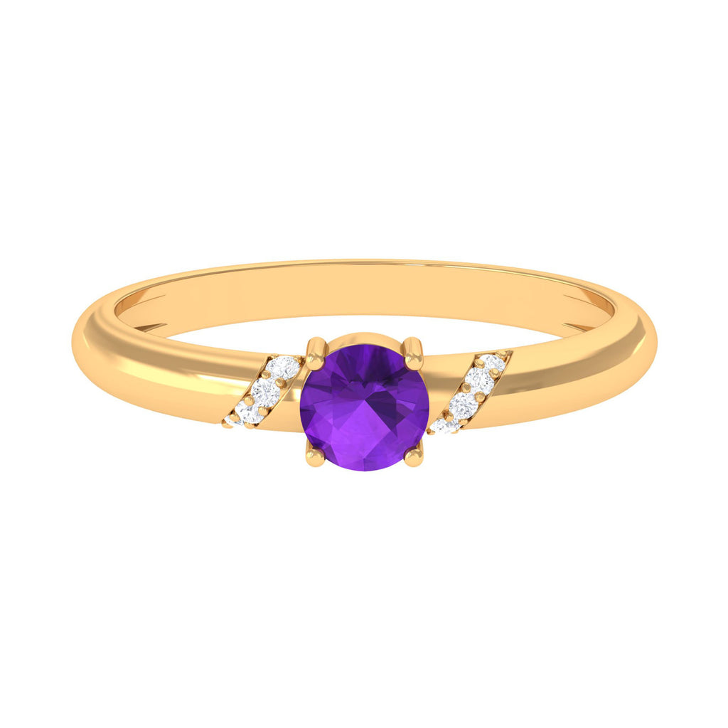 Round Amethyst Solitaire Promise Ring with Diamond Amethyst - ( AAA ) - Quality - Rosec Jewels