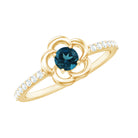 0.6 Carat Round London Blue Topaz Flower Promise Ring with Diamond AAA - Rosec Jewels